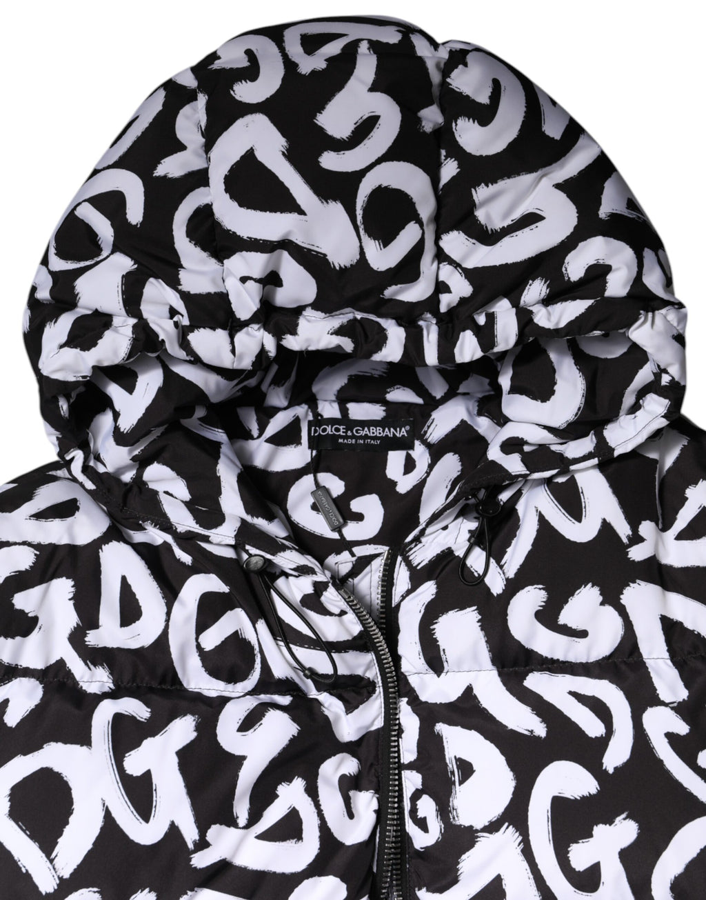 Dolce &amp; Gabbana Manteau long à capuche noir et blanc DG Mania