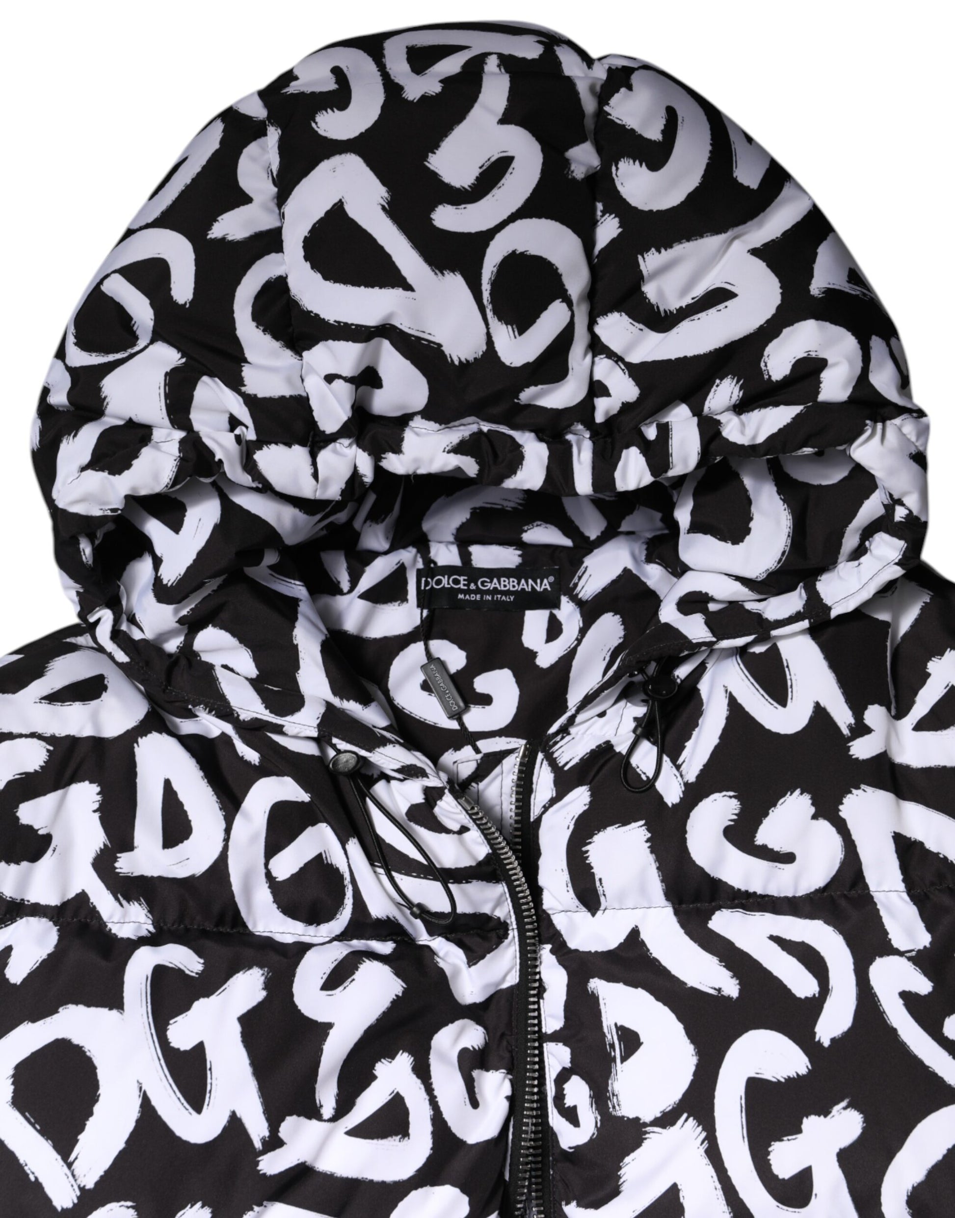 Dolce &amp; Gabbana Manteau long à capuche noir et blanc DG Mania