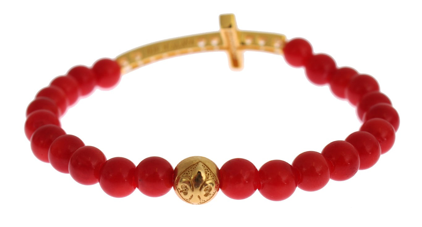 Bracelet Nialaya en argent 925 avec croix en or et corail rouge et zircone cubique