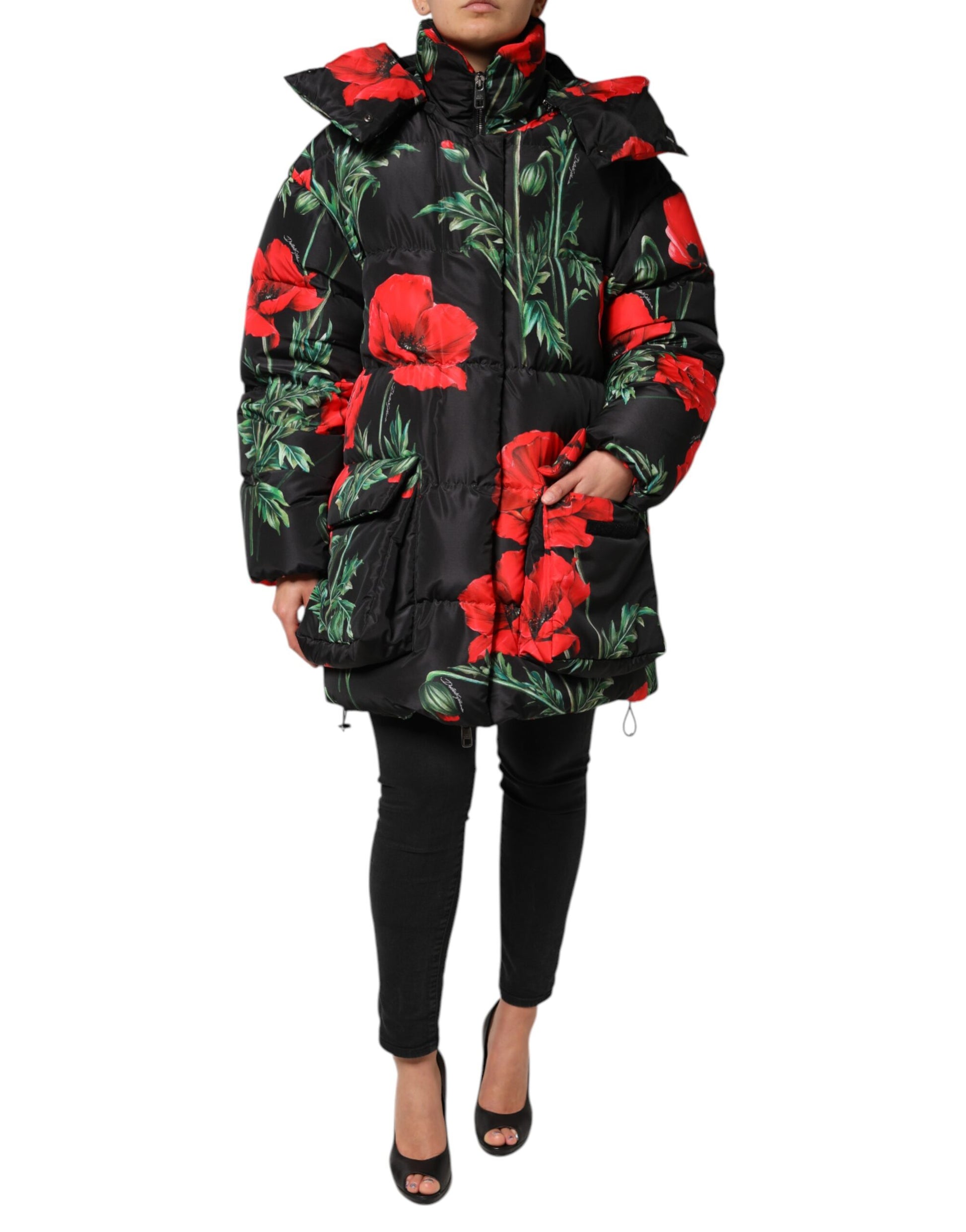 Veste matelassée à capuche en polyester noir à fleurs Dolce &amp; Gabbana
