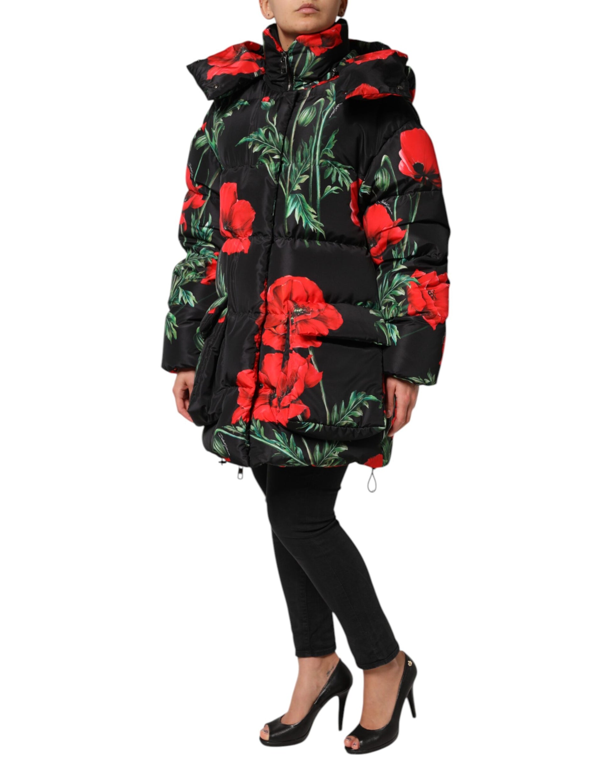 Veste matelassée à capuche en polyester noir à fleurs Dolce &amp; Gabbana
