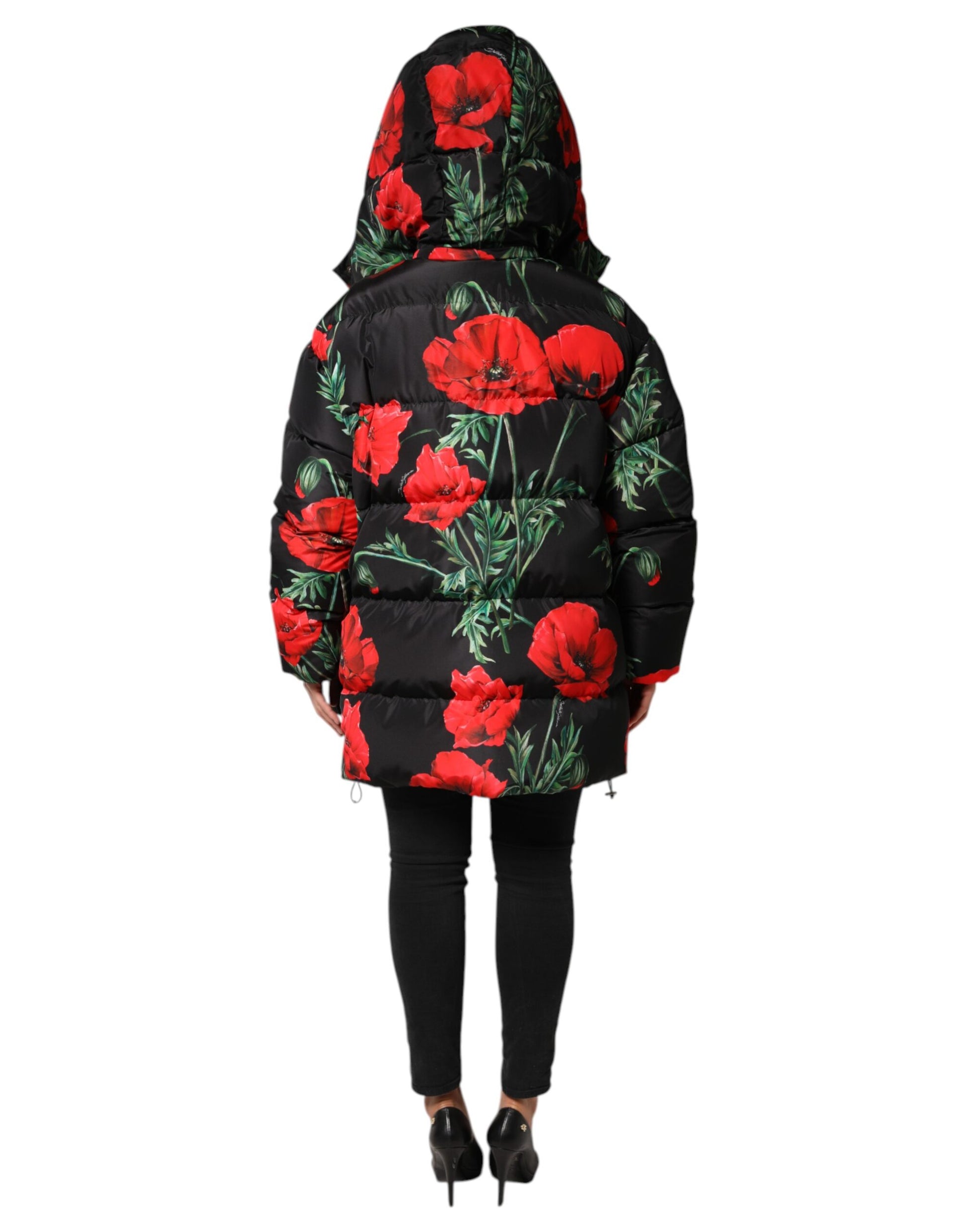 Veste matelassée à capuche en polyester noir à fleurs Dolce &amp; Gabbana