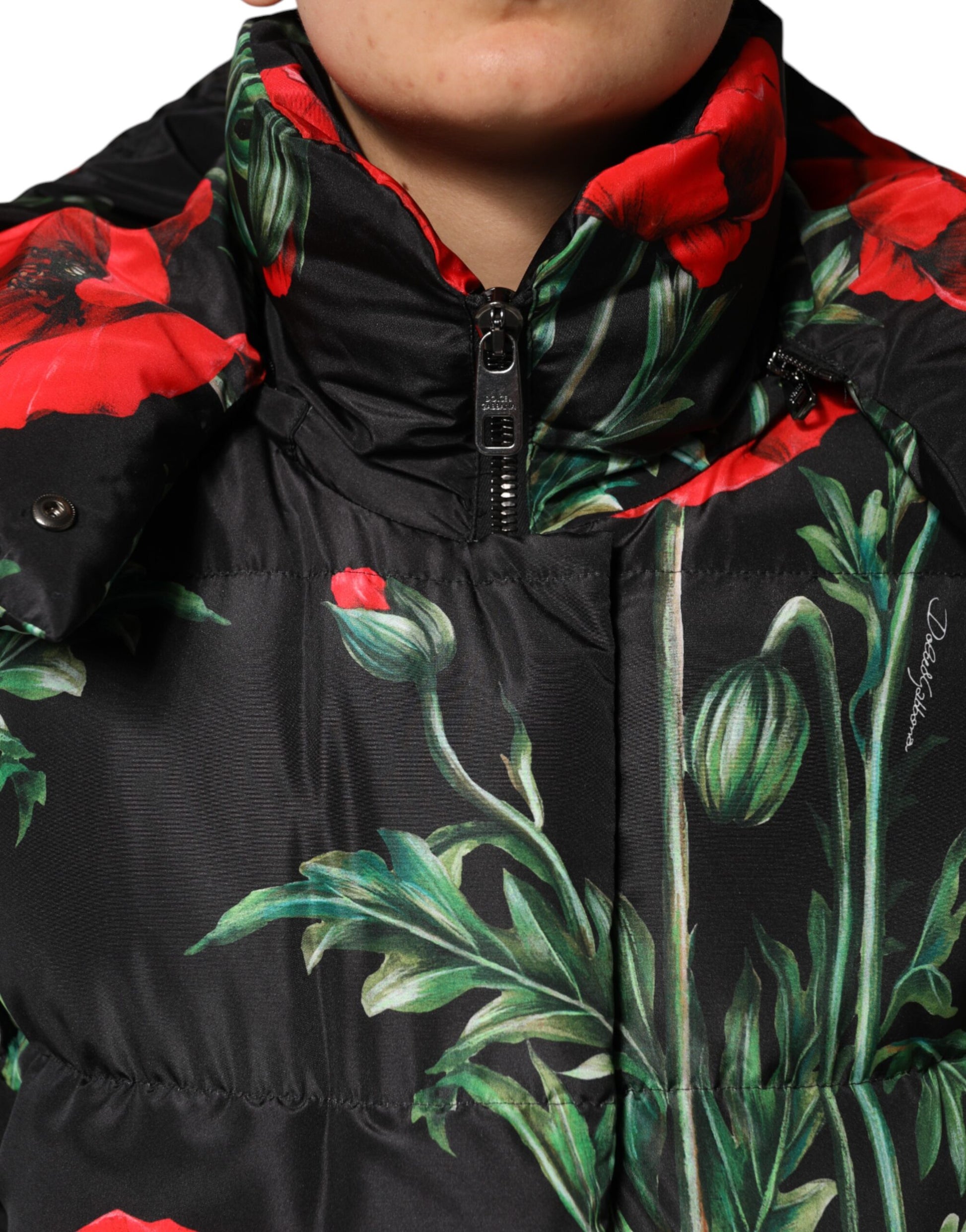 Veste matelassée à capuche en polyester noir à fleurs Dolce &amp; Gabbana