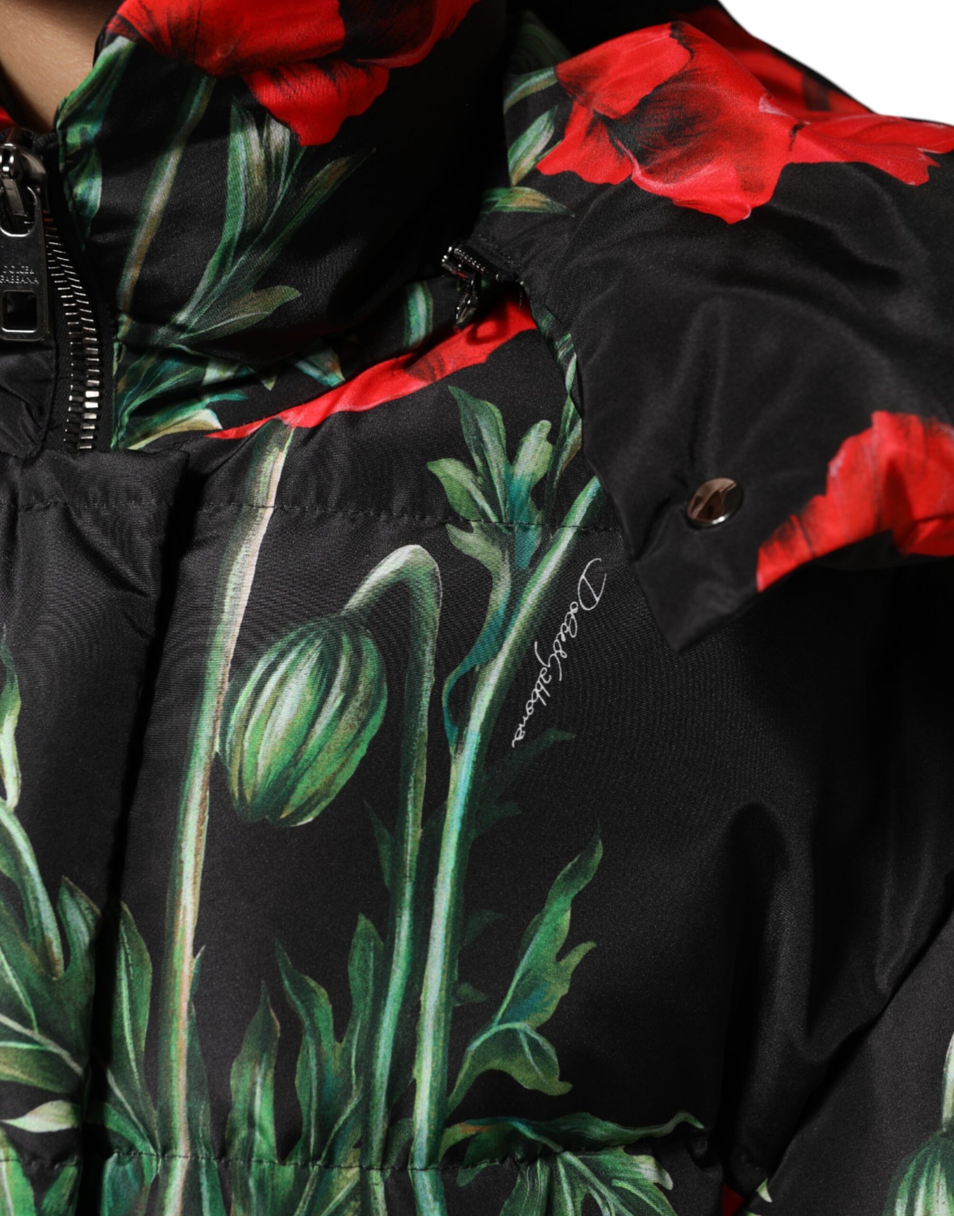 Veste matelassée à capuche en polyester noir à fleurs Dolce &amp; Gabbana
