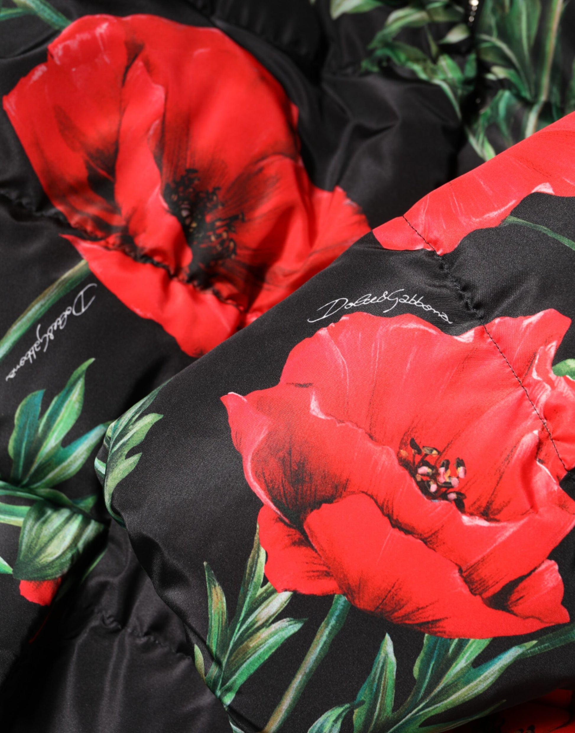 Veste matelassée à capuche en polyester noir à fleurs Dolce &amp; Gabbana