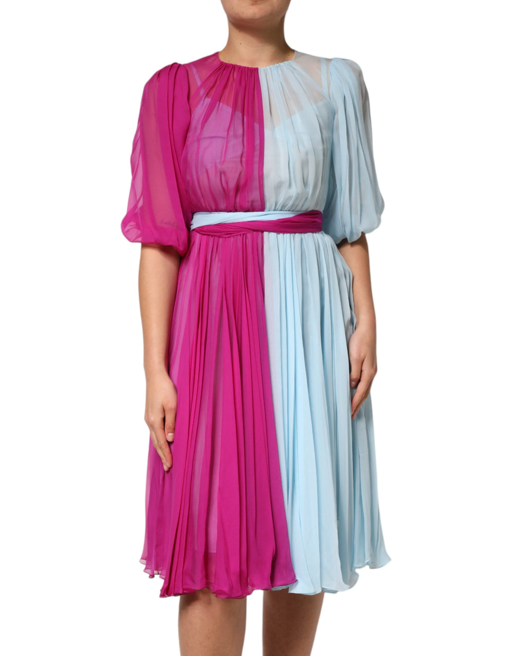 Robe midi bicolore en soie bleu clair fuchsia Dolce &amp; Gabbana
