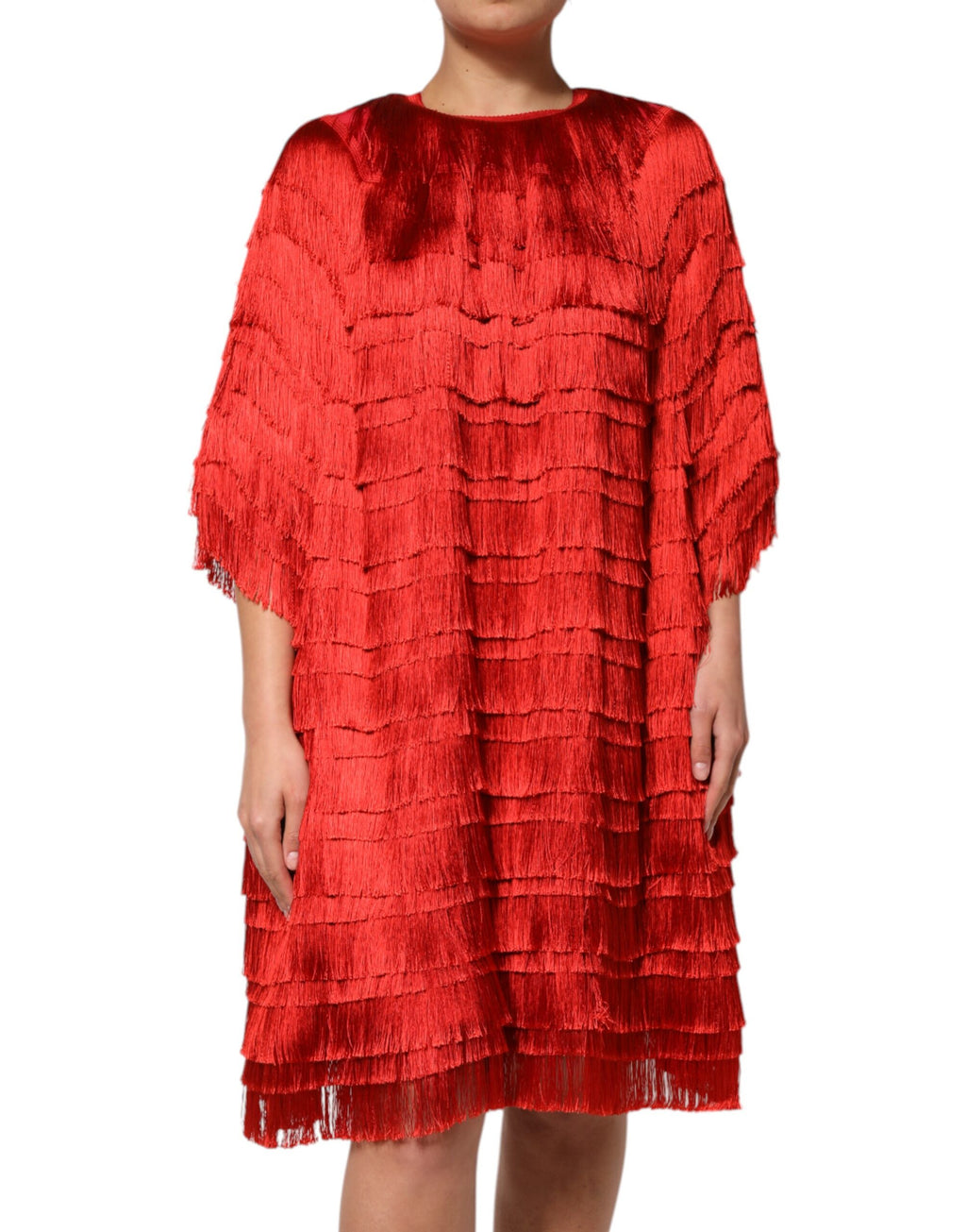 Robe droite à franges en soie rouge Dolce &amp; Gabbana, longueur genou