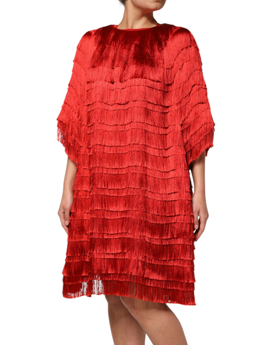 Robe droite à franges en soie rouge Dolce &amp; Gabbana, longueur genou