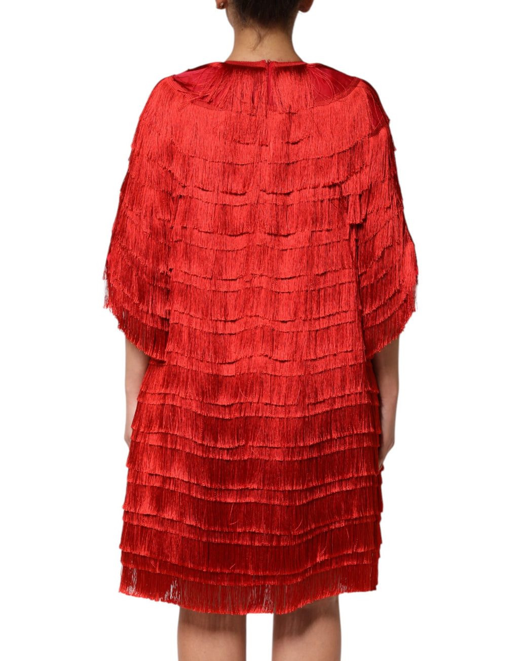 Robe droite à franges en soie rouge Dolce &amp; Gabbana, longueur genou