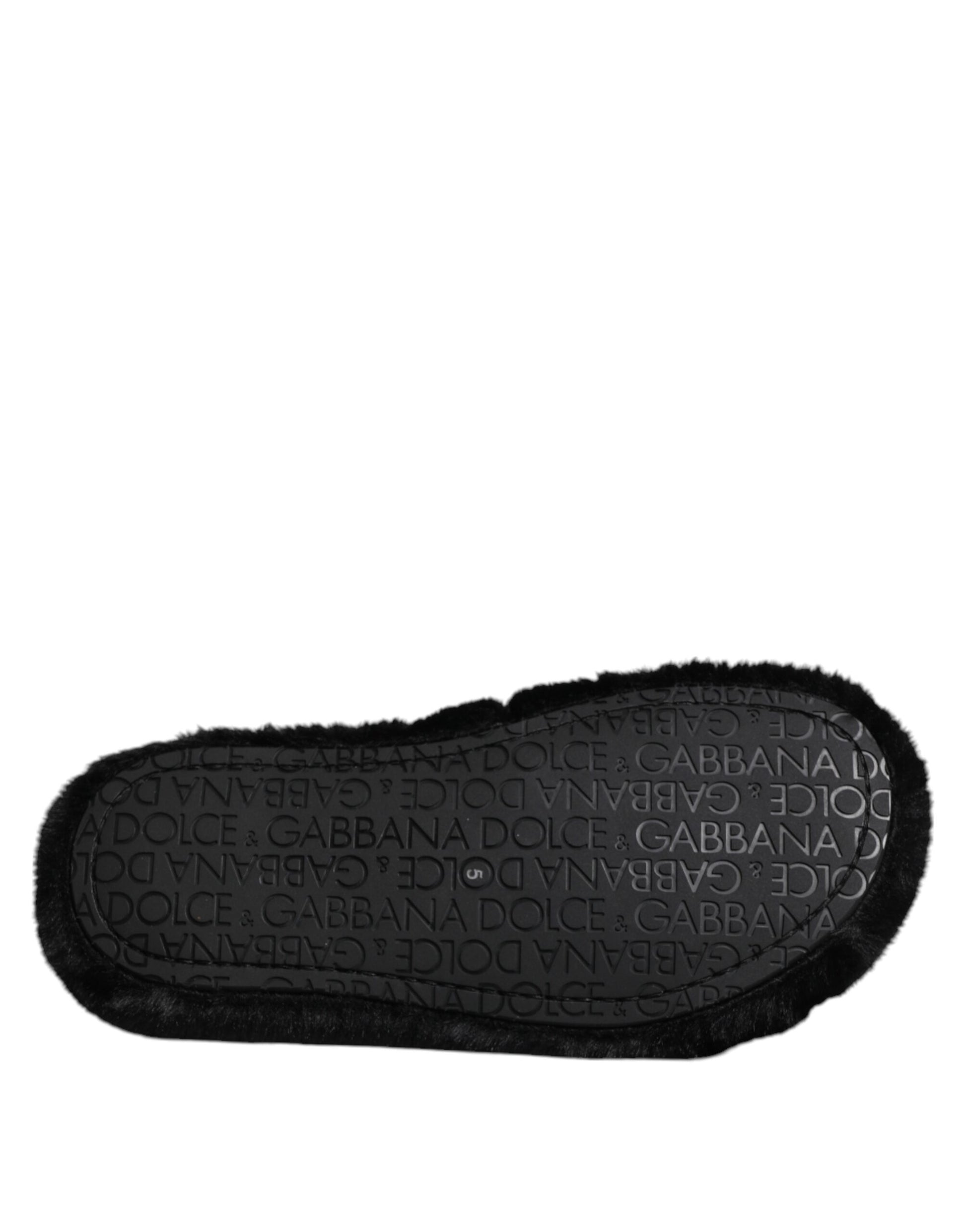 Sandales plates en fausse fourrure noire Dolce &amp; Gabbana pour homme