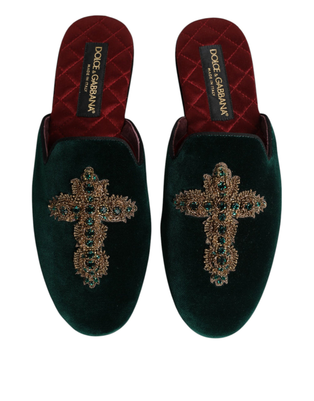 Chaussons Dolce &amp; Gabbana en velours vert ornés de croix