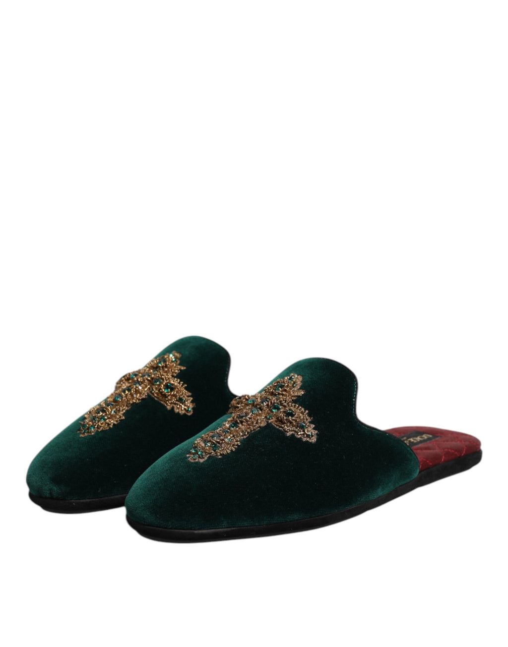 Chaussons Dolce &amp; Gabbana en velours vert ornés de croix
