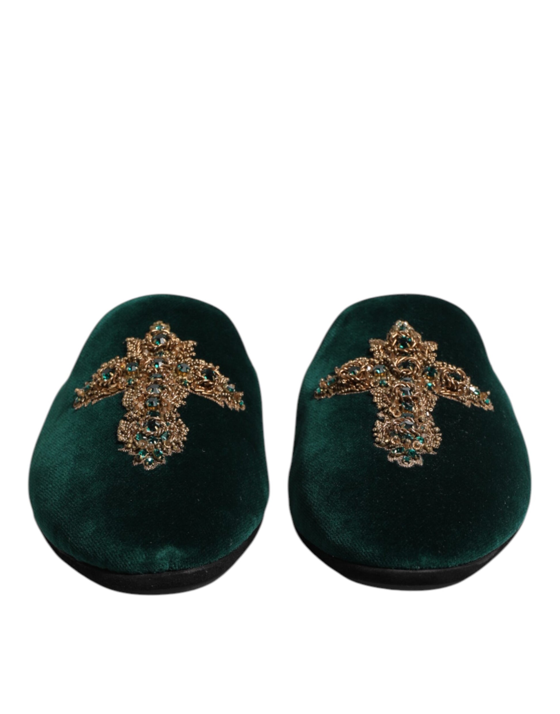 Chaussons Dolce &amp; Gabbana en velours vert ornés de croix