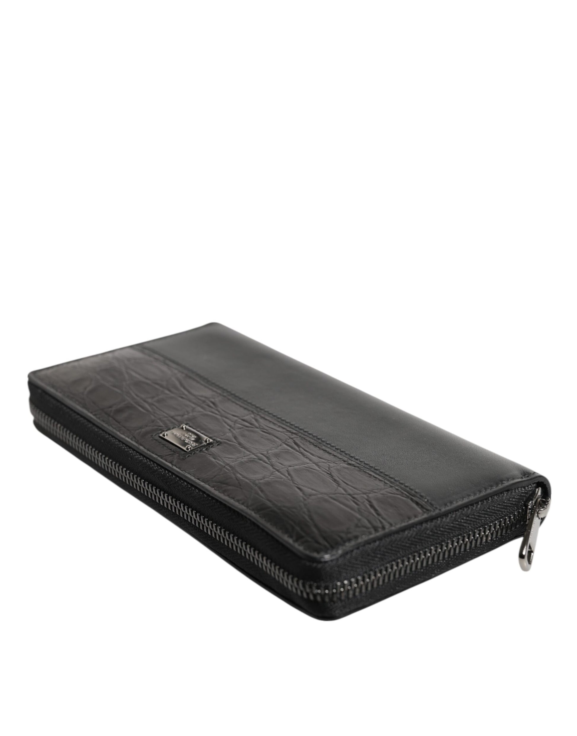 Portefeuille continental zippé en cuir noir Dolce &amp; Gabbana avec plaque logo