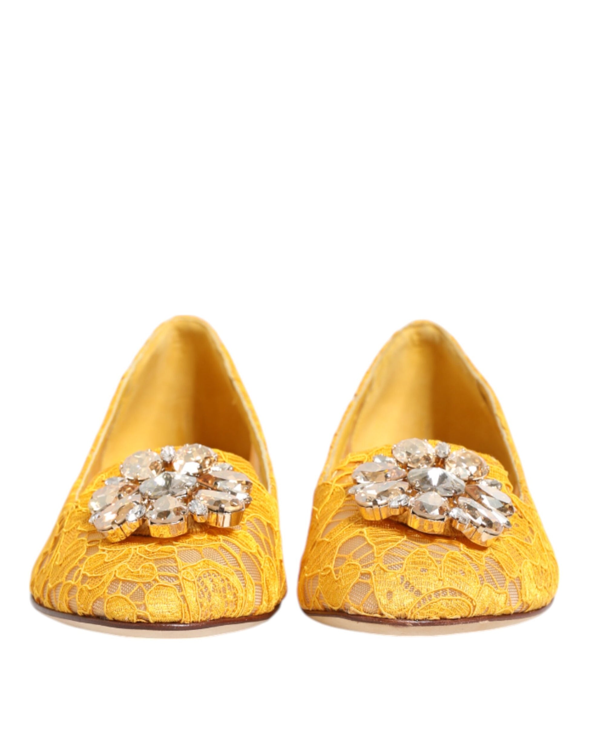 Chaussures plates Dolce &amp; Gabbana jaunes en dentelle Taormina et cristaux