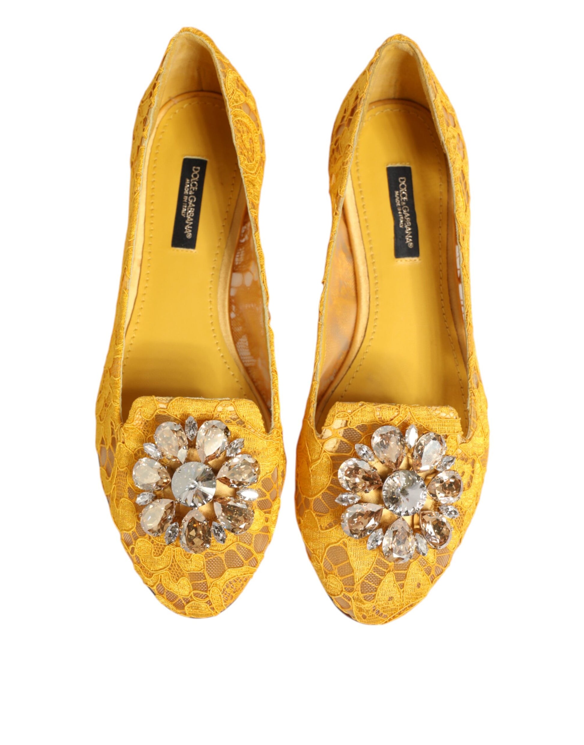 Chaussures plates Dolce &amp; Gabbana jaunes en dentelle Taormina et cristaux