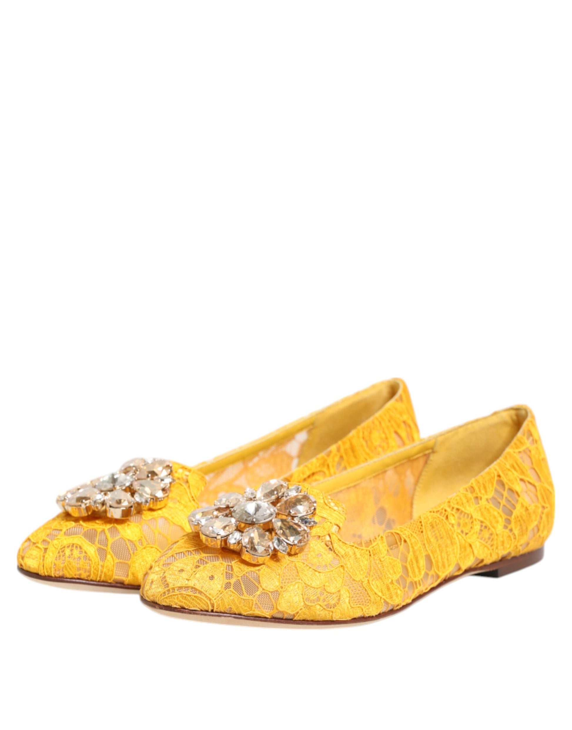 Chaussures plates Dolce &amp; Gabbana jaunes en dentelle Taormina et cristaux