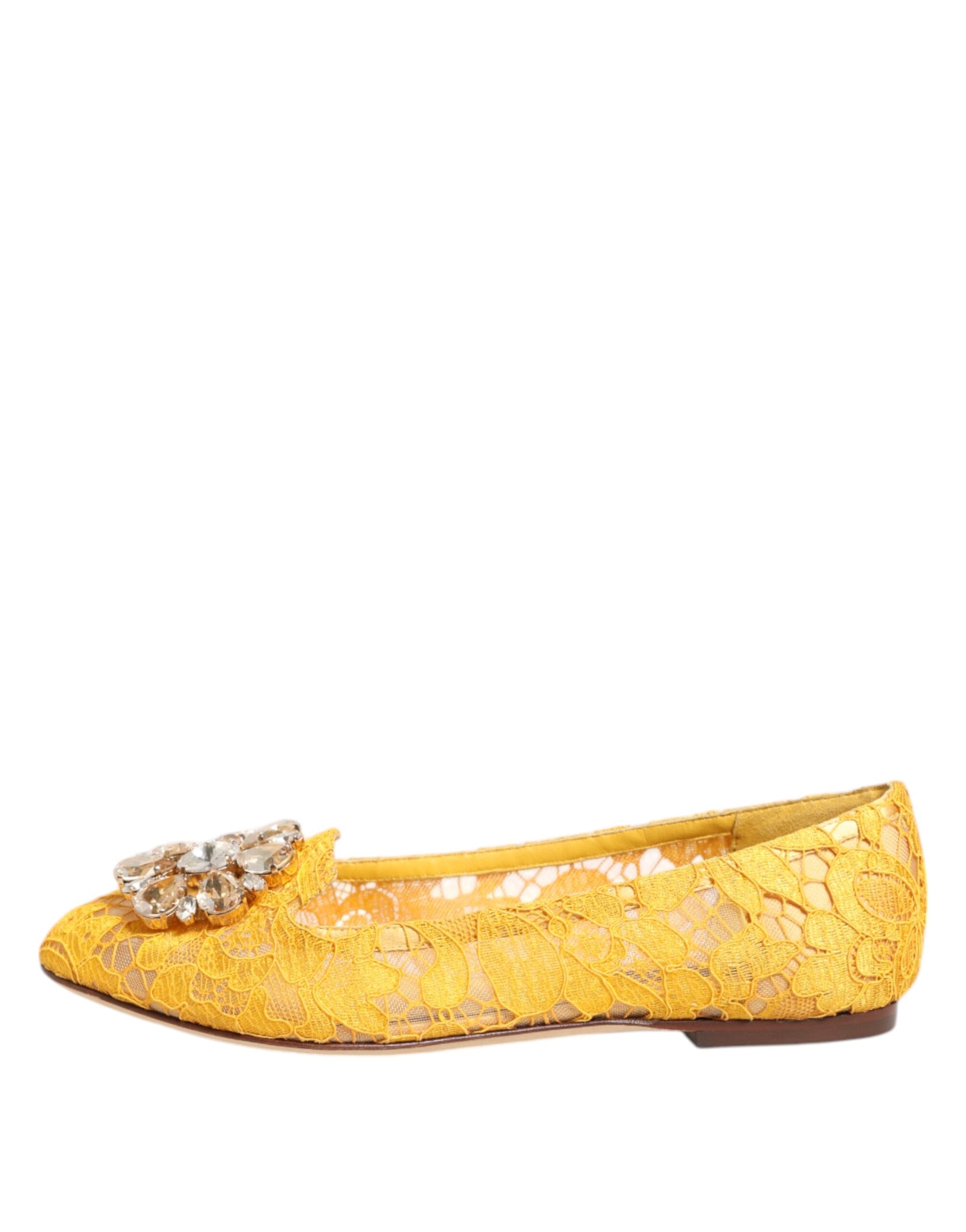 Chaussures plates Dolce &amp; Gabbana jaunes en dentelle Taormina et cristaux