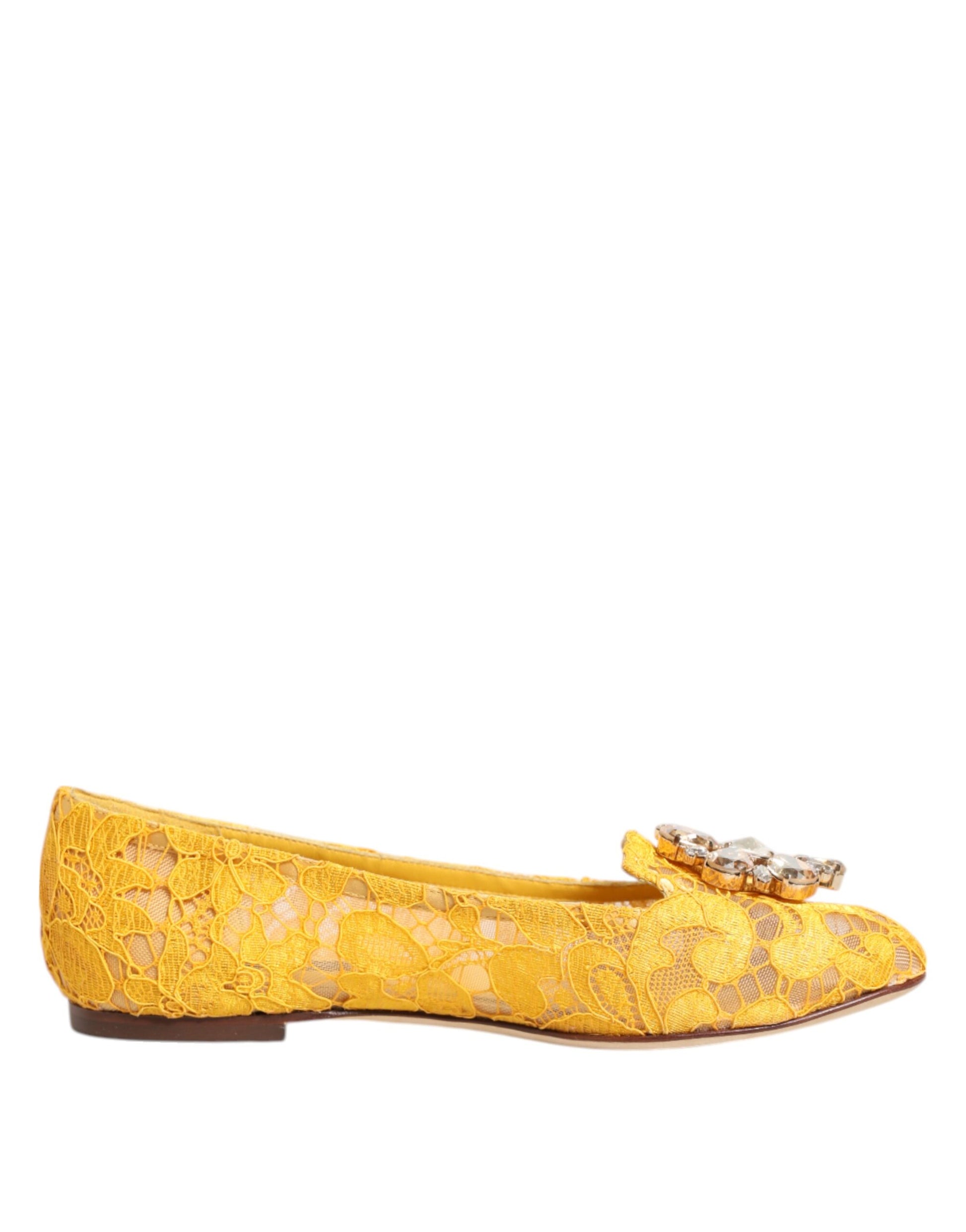 Chaussures plates Dolce &amp; Gabbana jaunes en dentelle Taormina et cristaux