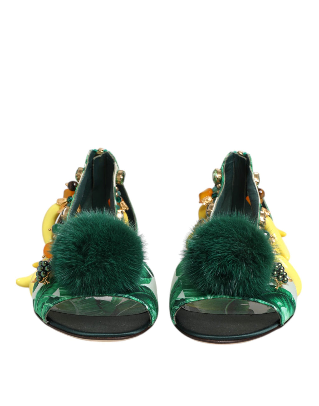 Sandales Dolce &amp; Gabbana en satin et fourrure de vison vert et feuille de bananier