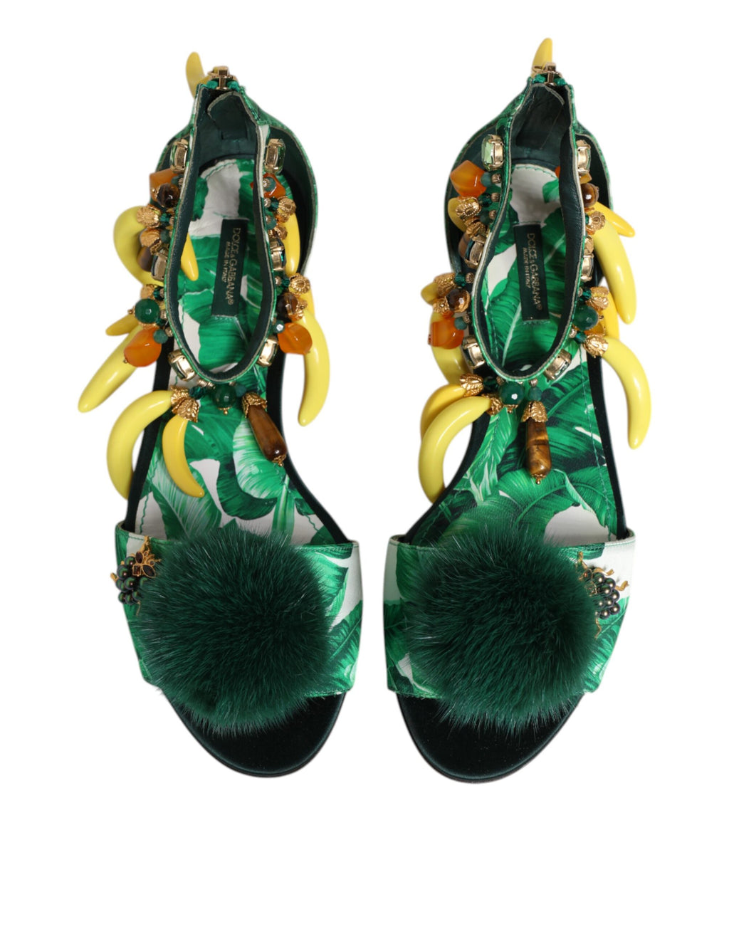 Sandales Dolce &amp; Gabbana en satin et fourrure de vison vert et feuille de bananier