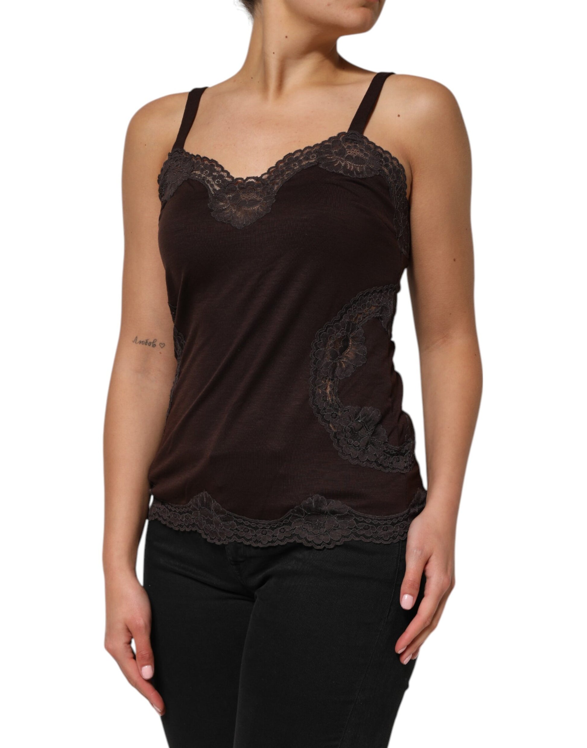 Débardeur sans manches en laine marron foncé avec bordure en dentelle Dolce &amp; Gabbana