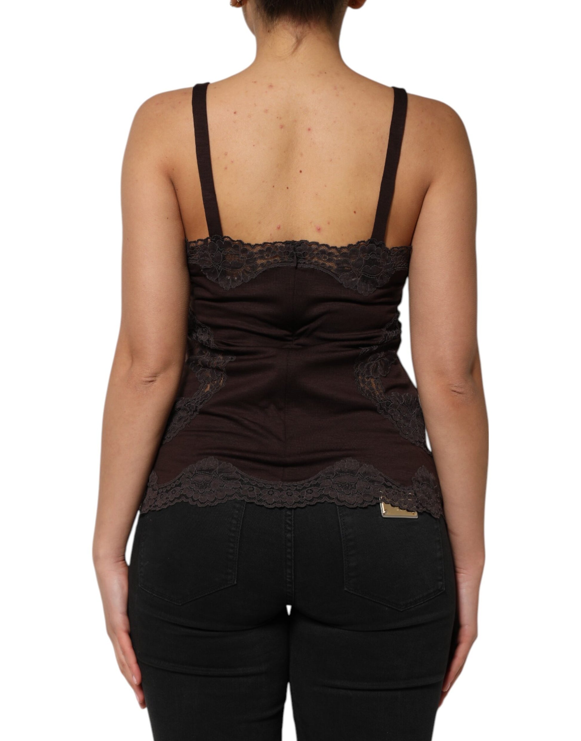 Débardeur sans manches en laine marron foncé avec bordure en dentelle Dolce &amp; Gabbana