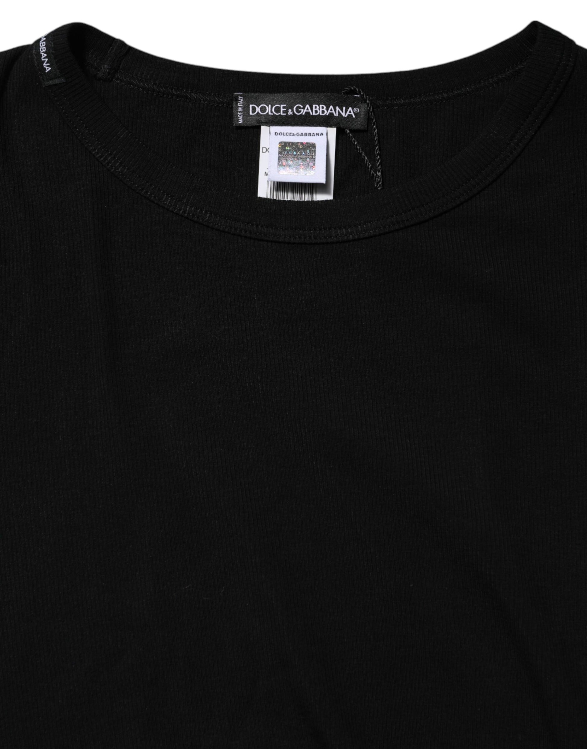 T-shirt col rond manches longues en maille de coton noir Dolce &amp; Gabbana