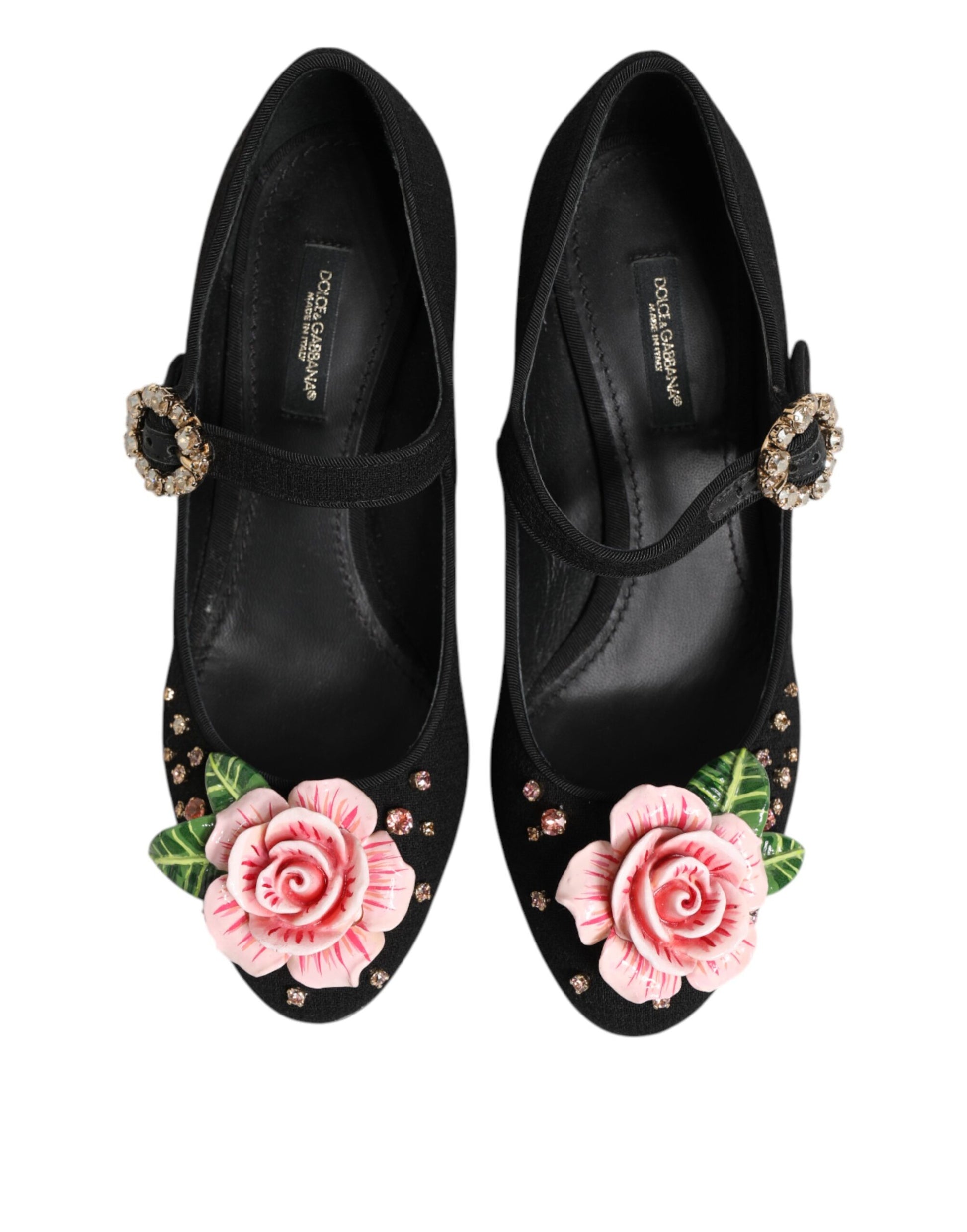 Chaussures Mary Jane noires ornées de cristaux et de fleurs Dolce &amp; Gabbana