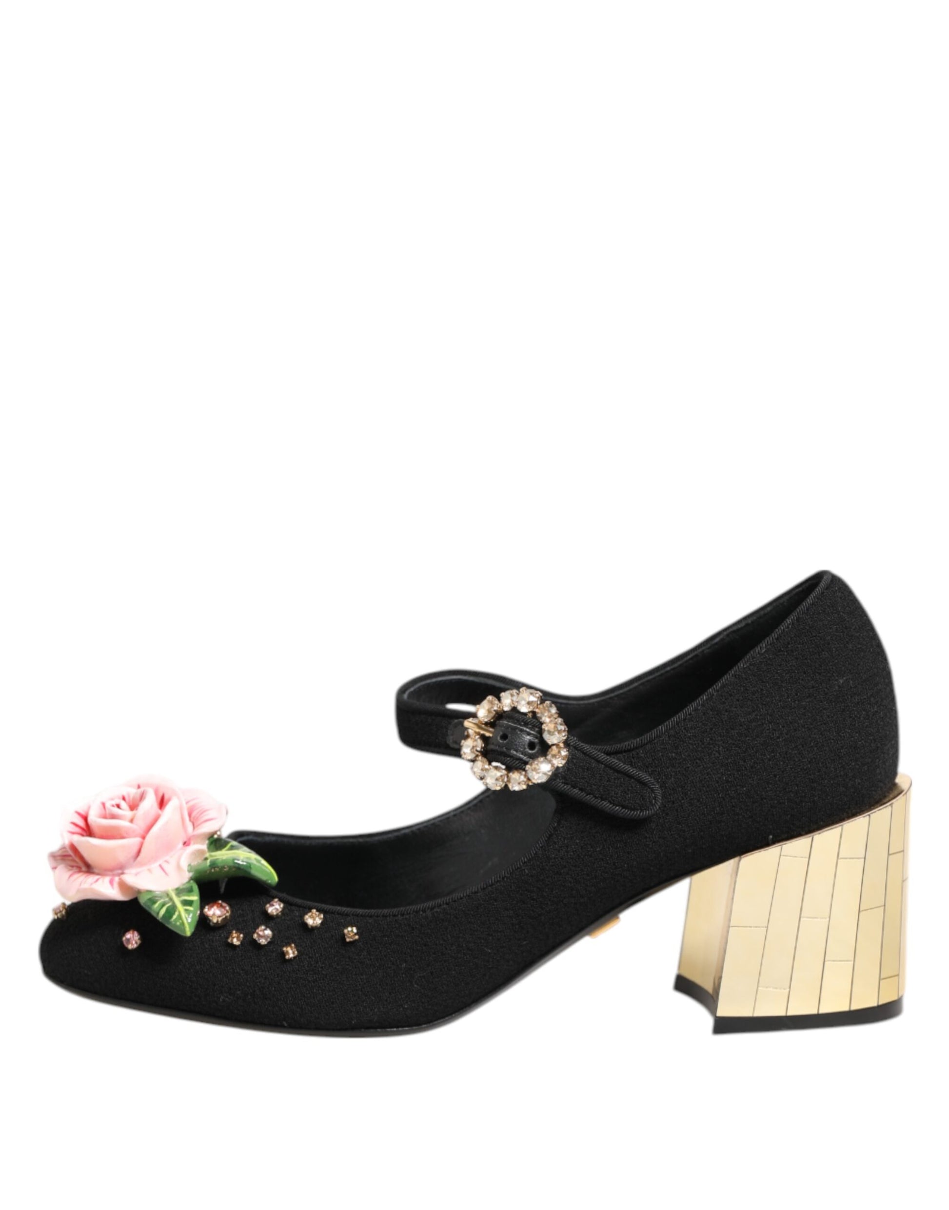 Chaussures Mary Jane noires ornées de cristaux et de fleurs Dolce &amp; Gabbana
