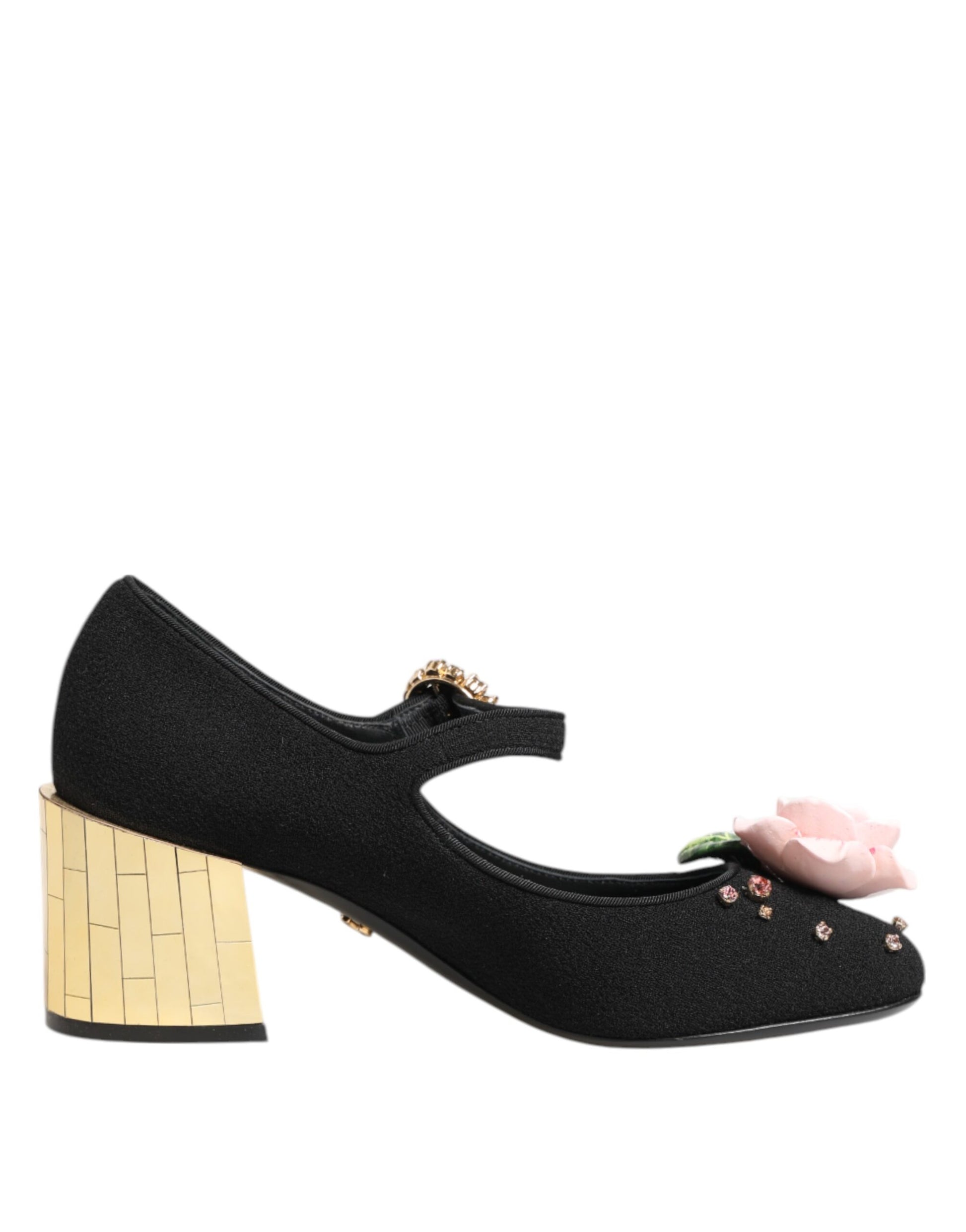 Chaussures Mary Jane noires ornées de cristaux et de fleurs Dolce &amp; Gabbana