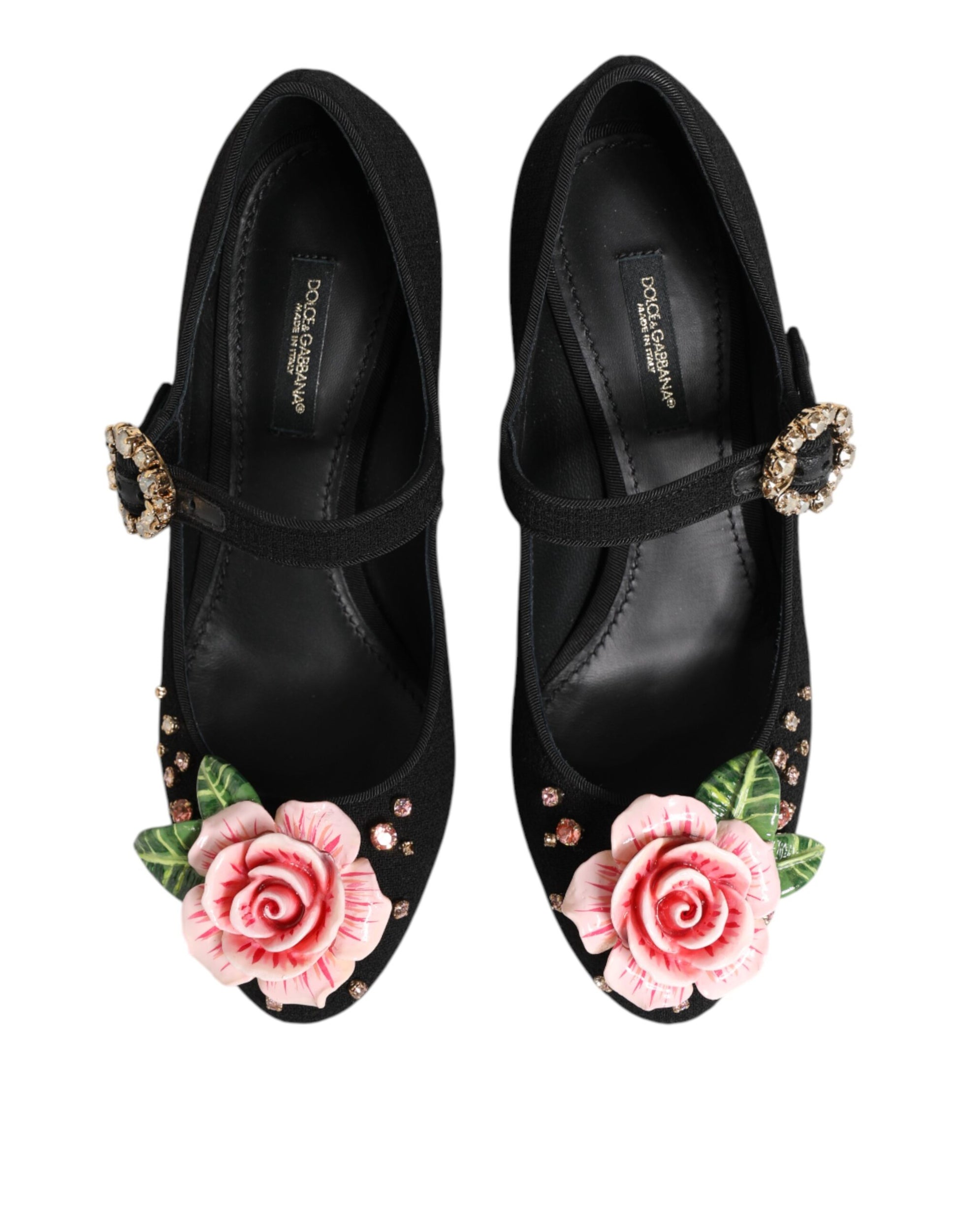 Chaussures Mary Jane noires ornées de cristaux et de fleurs Dolce &amp; Gabbana