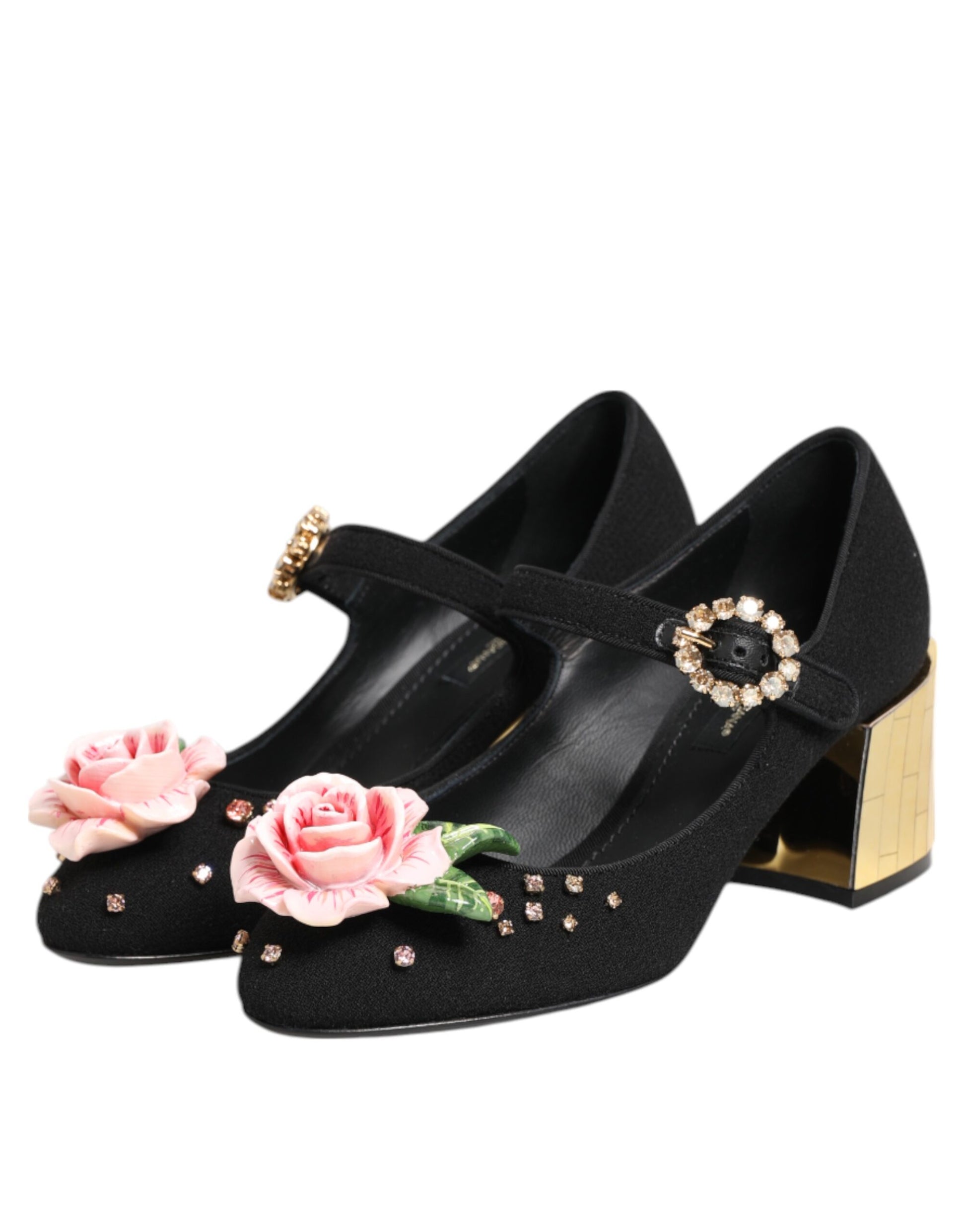 Chaussures Mary Jane noires ornées de cristaux et de fleurs Dolce &amp; Gabbana