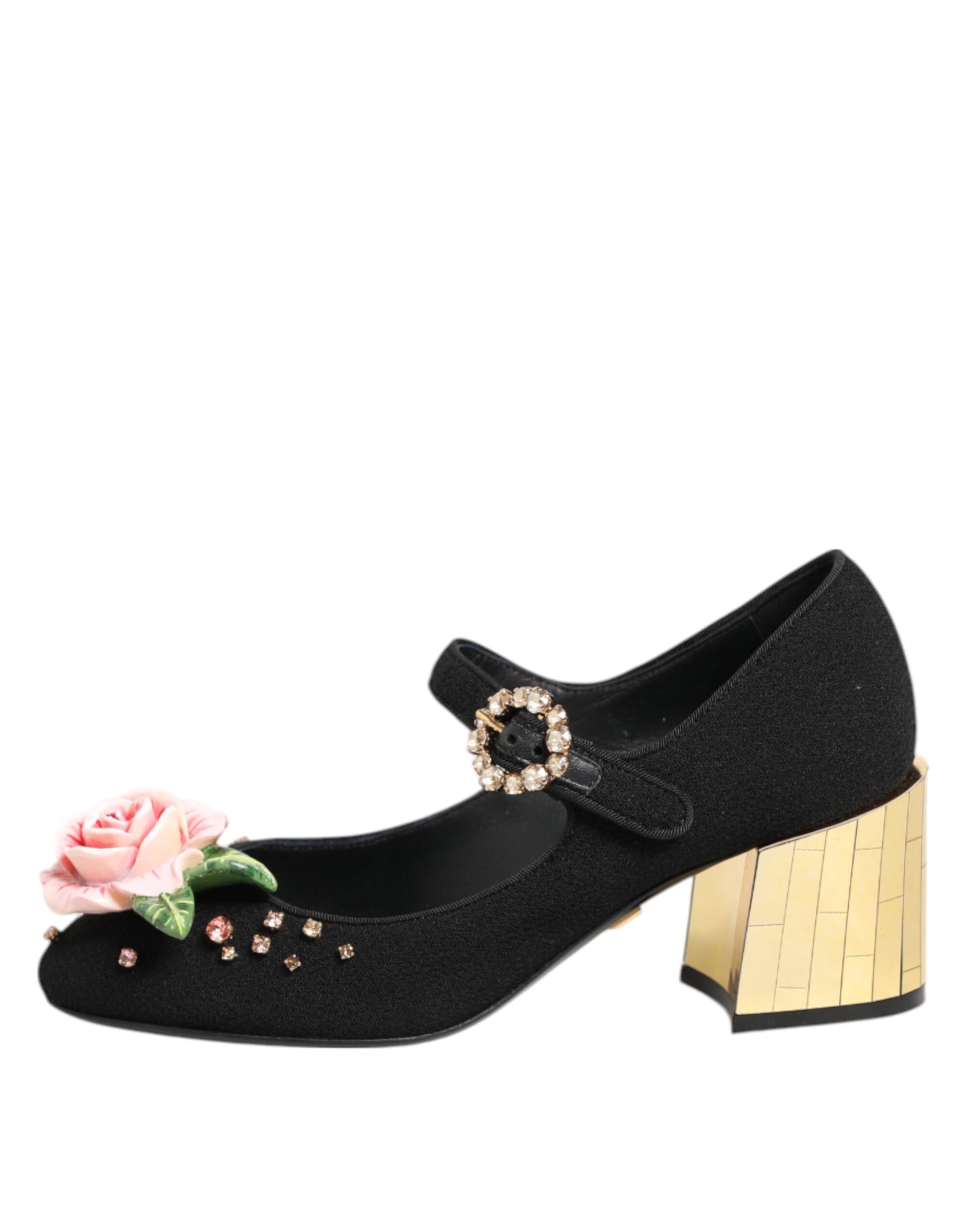 Chaussures Mary Jane noires ornées de cristaux et de fleurs Dolce &amp; Gabbana