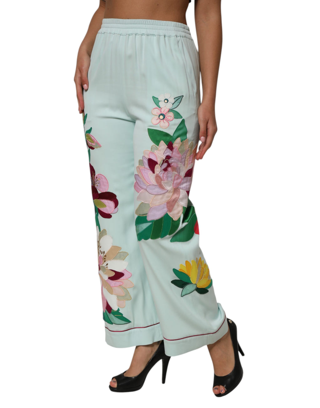 Pantalon de pyjama droit à jarretelles et motif floral vert Dolce &amp; Gabbana