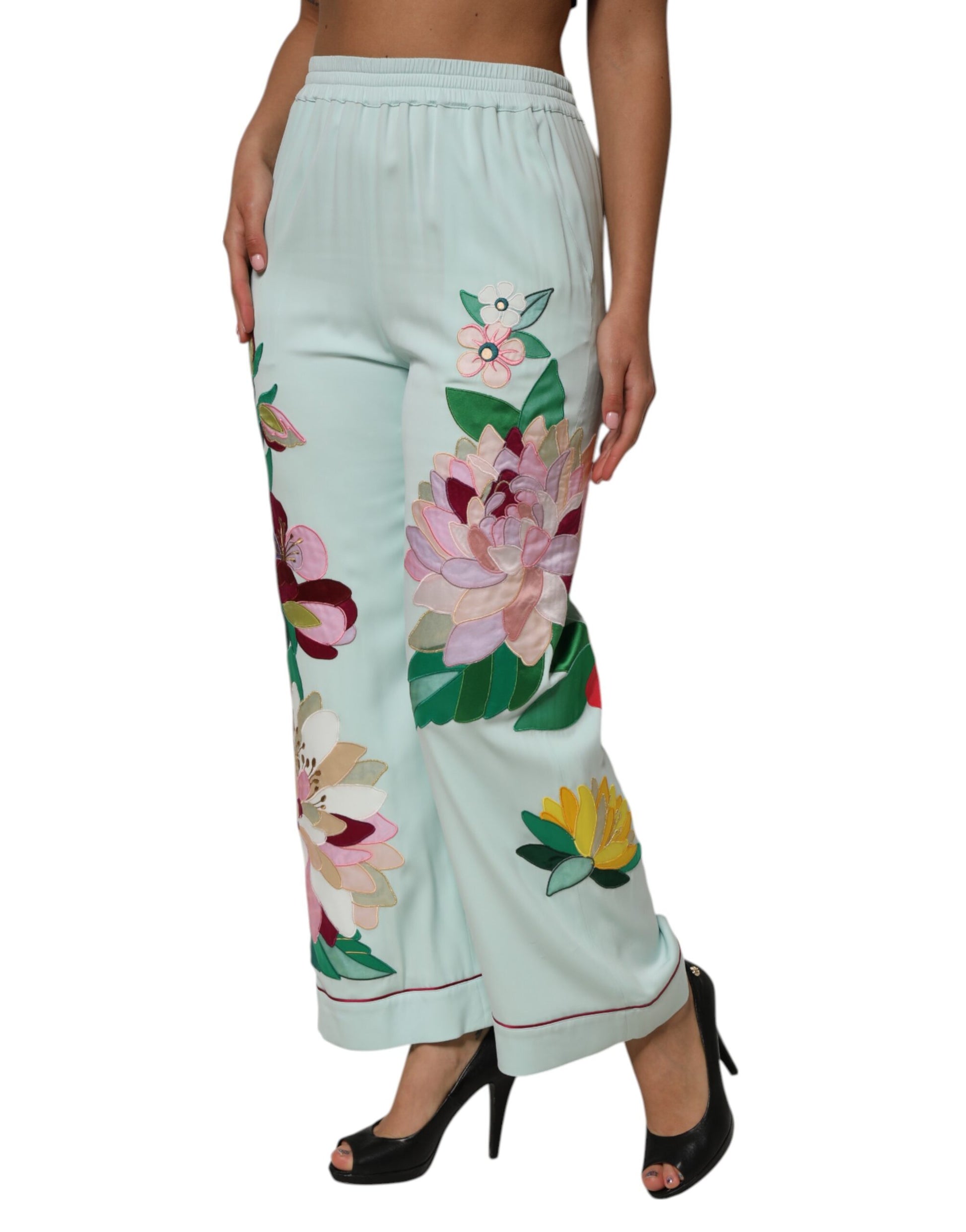 Pantalon de pyjama droit à jarretelles et motif floral vert Dolce &amp; Gabbana