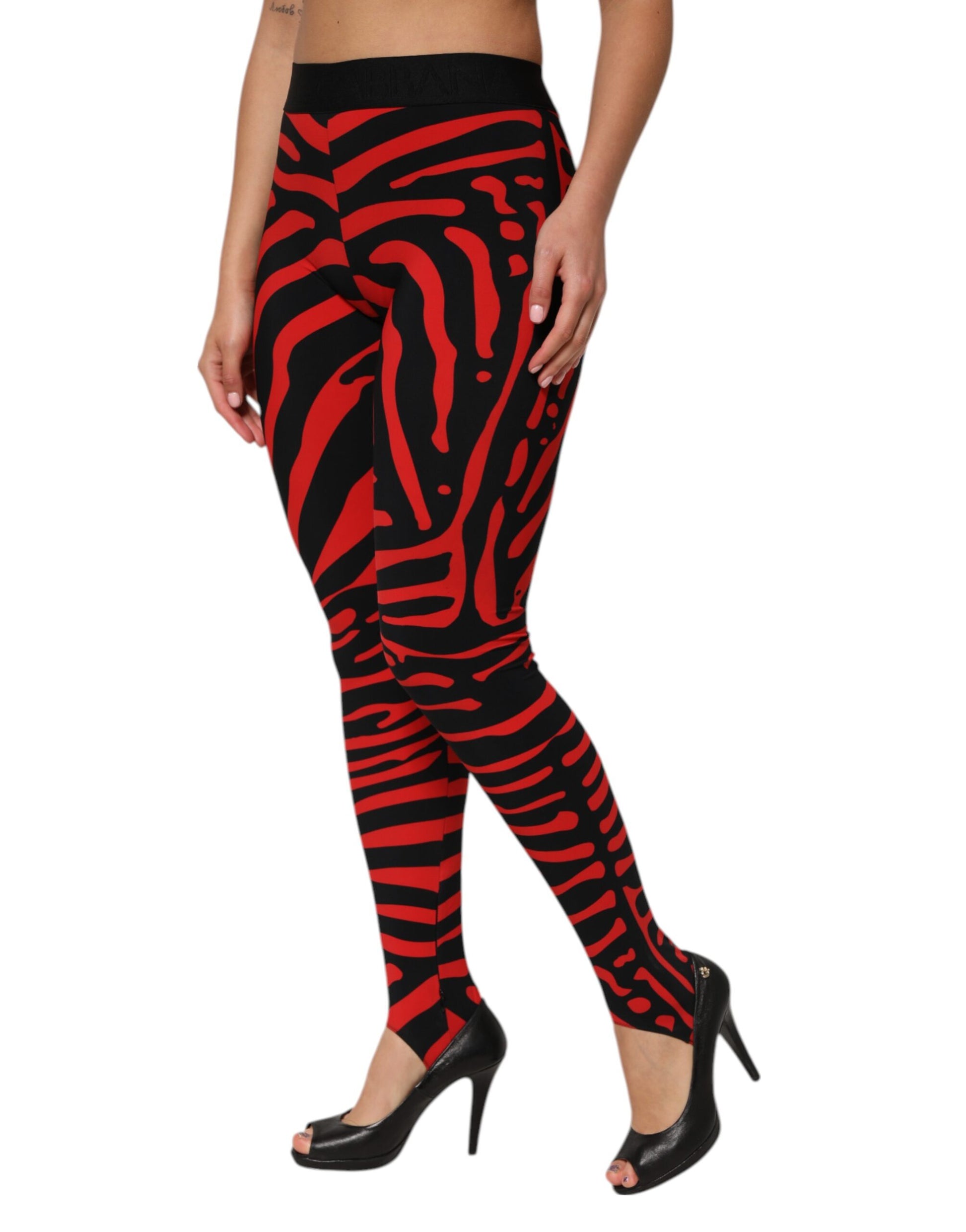 Pantalon legging taille haute Dolce &amp; Gabbana en nylon noir et rouge avec logo