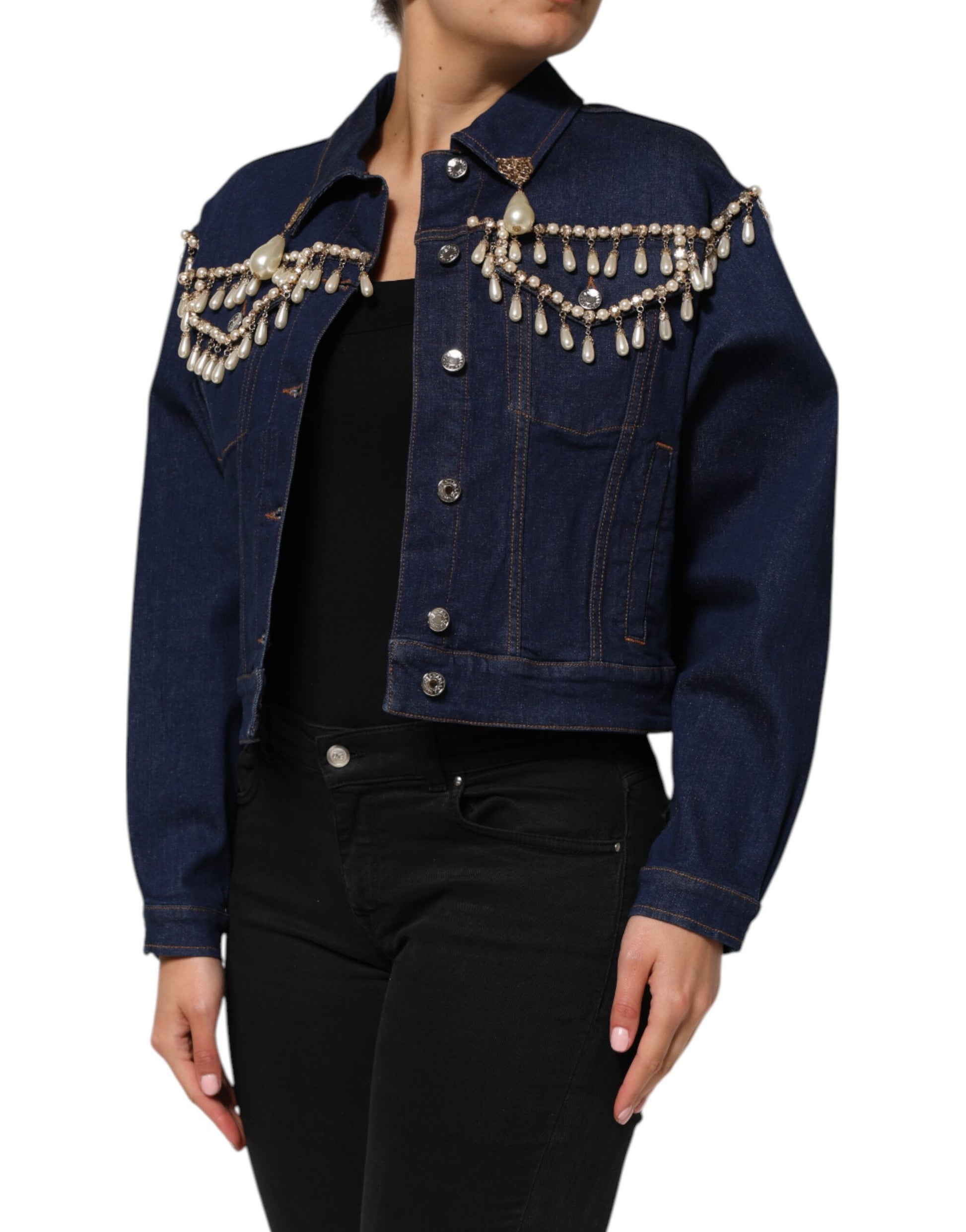 Veste en denim de coton bleu ornée de cristaux Dolce &amp; Gabbana