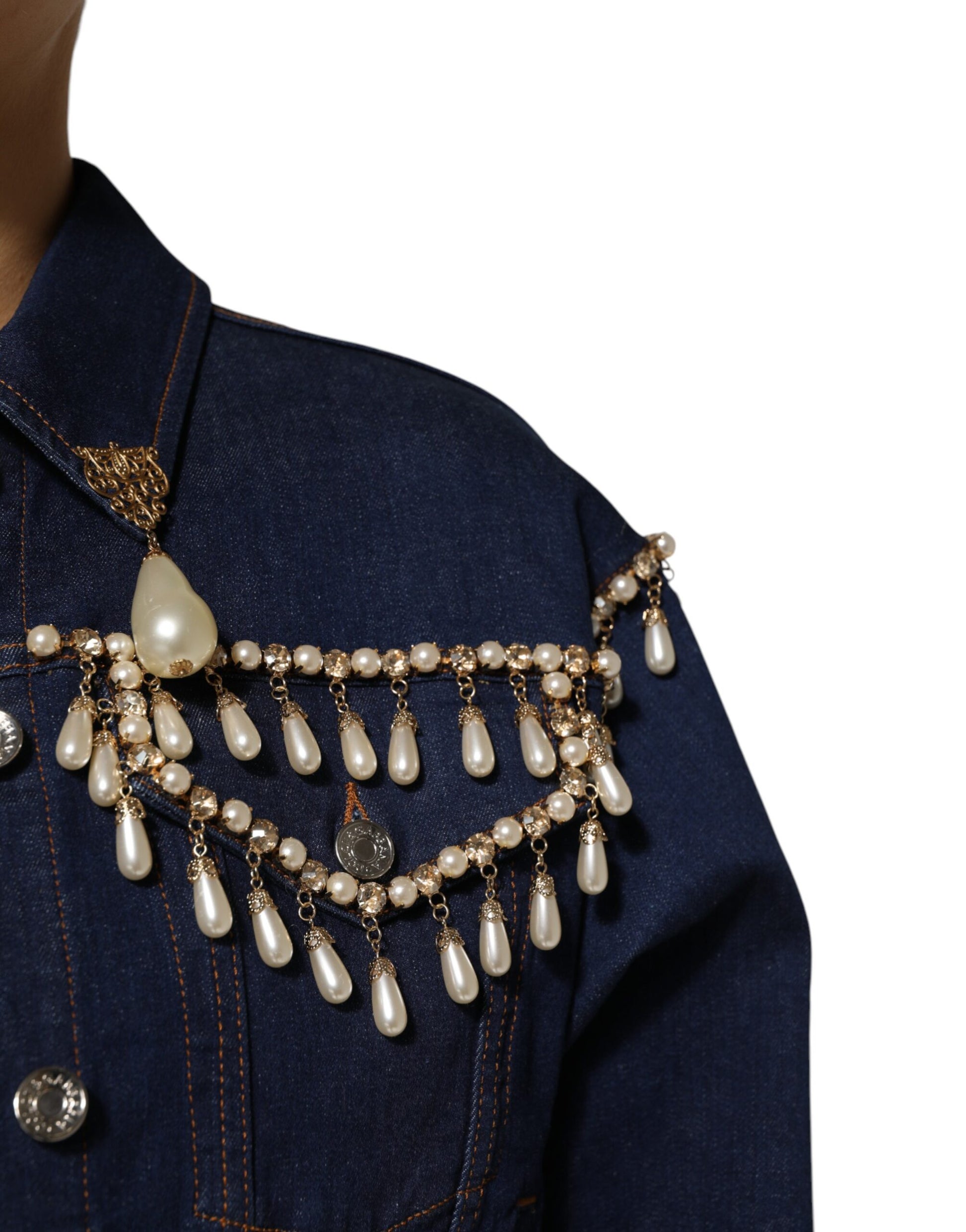 Veste en denim de coton bleu ornée de cristaux Dolce &amp; Gabbana