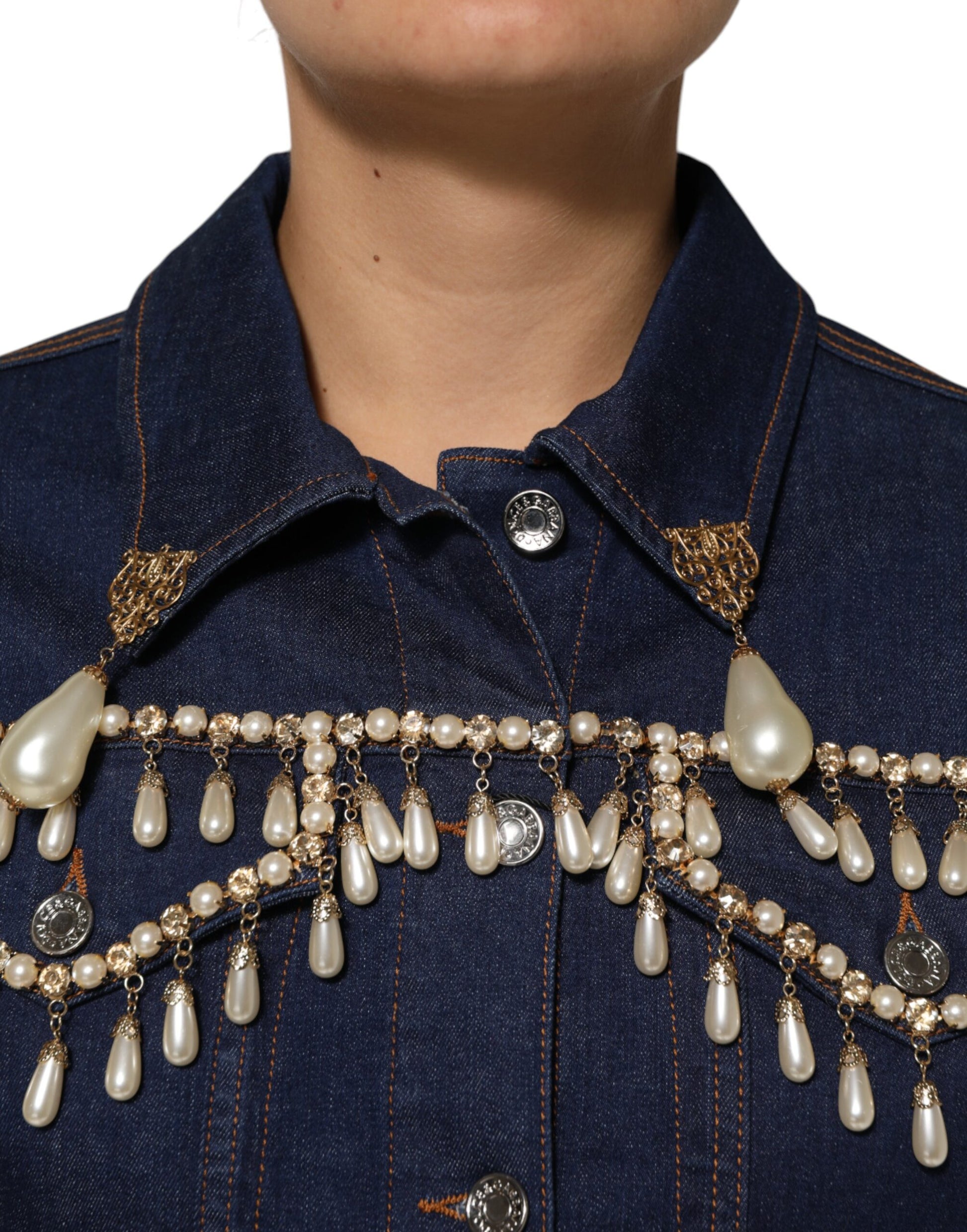 Veste en denim de coton bleu ornée de cristaux Dolce &amp; Gabbana