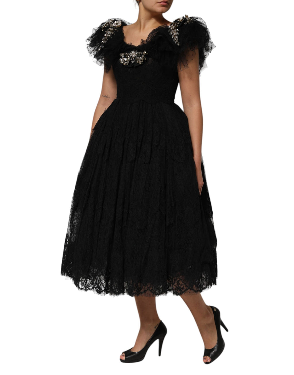 Robe mi-longue trapèze noire ornée de cristaux Dolce &amp; Gabbana
