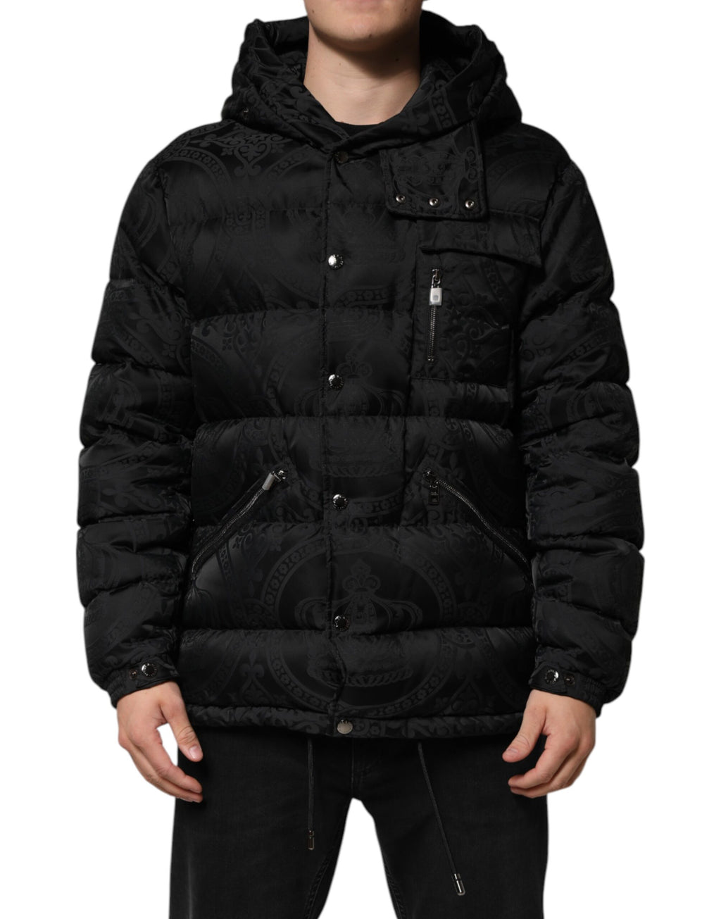 Dolce &amp; Gabbana Doudoune matelassée à capuche en jacquard noir