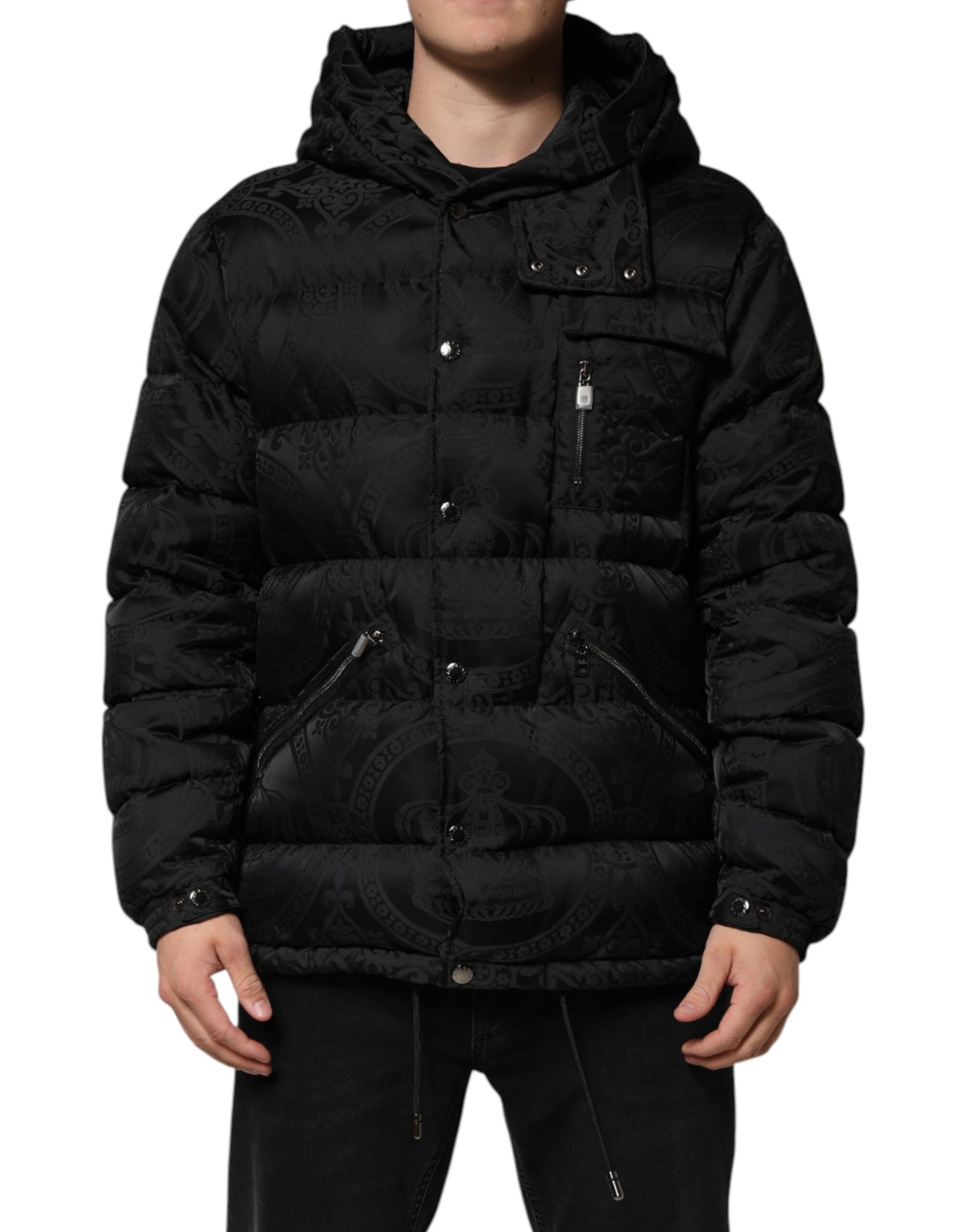 Dolce &amp; Gabbana Doudoune matelassée à capuche en jacquard noir