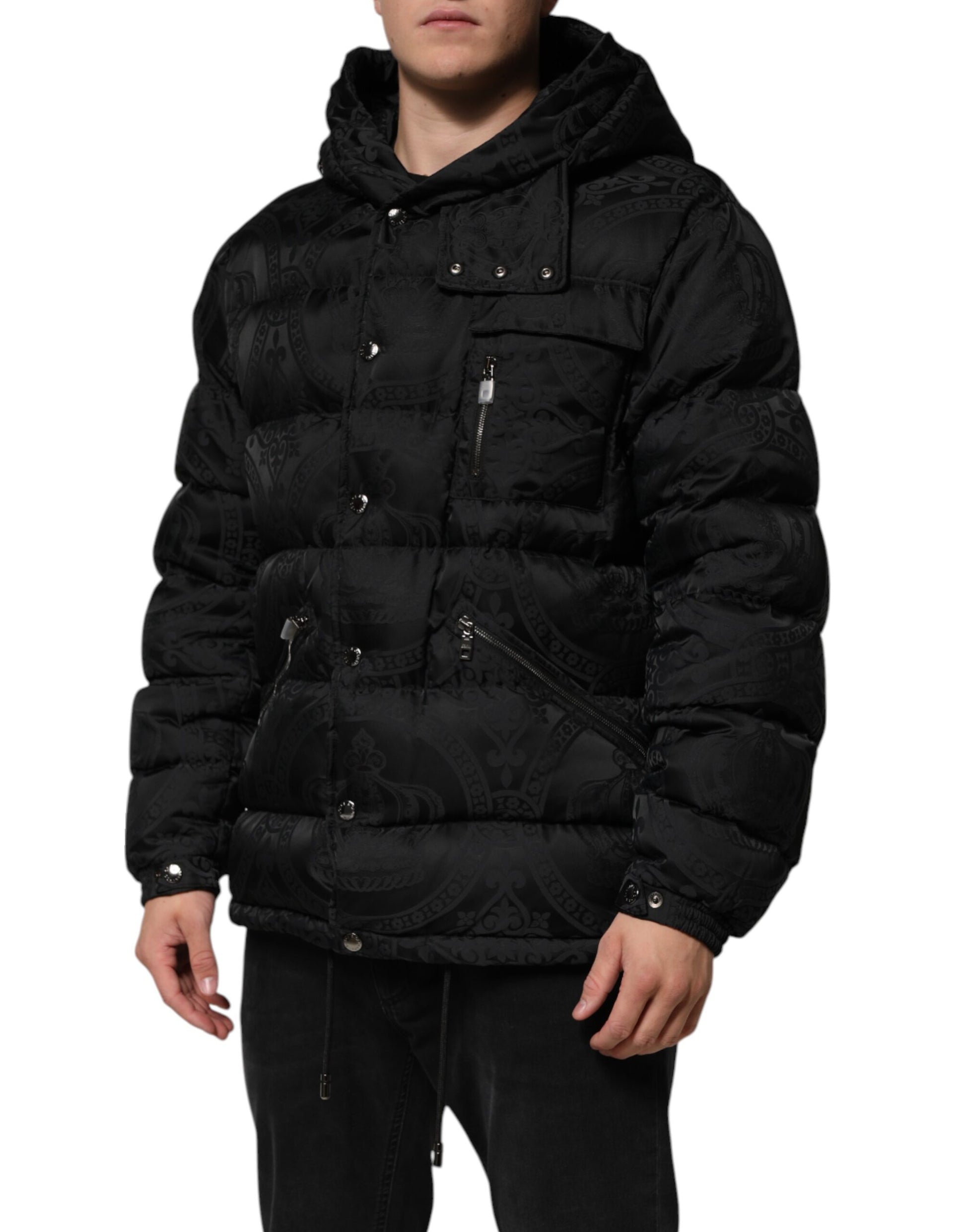 Dolce &amp; Gabbana Doudoune matelassée à capuche en jacquard noir