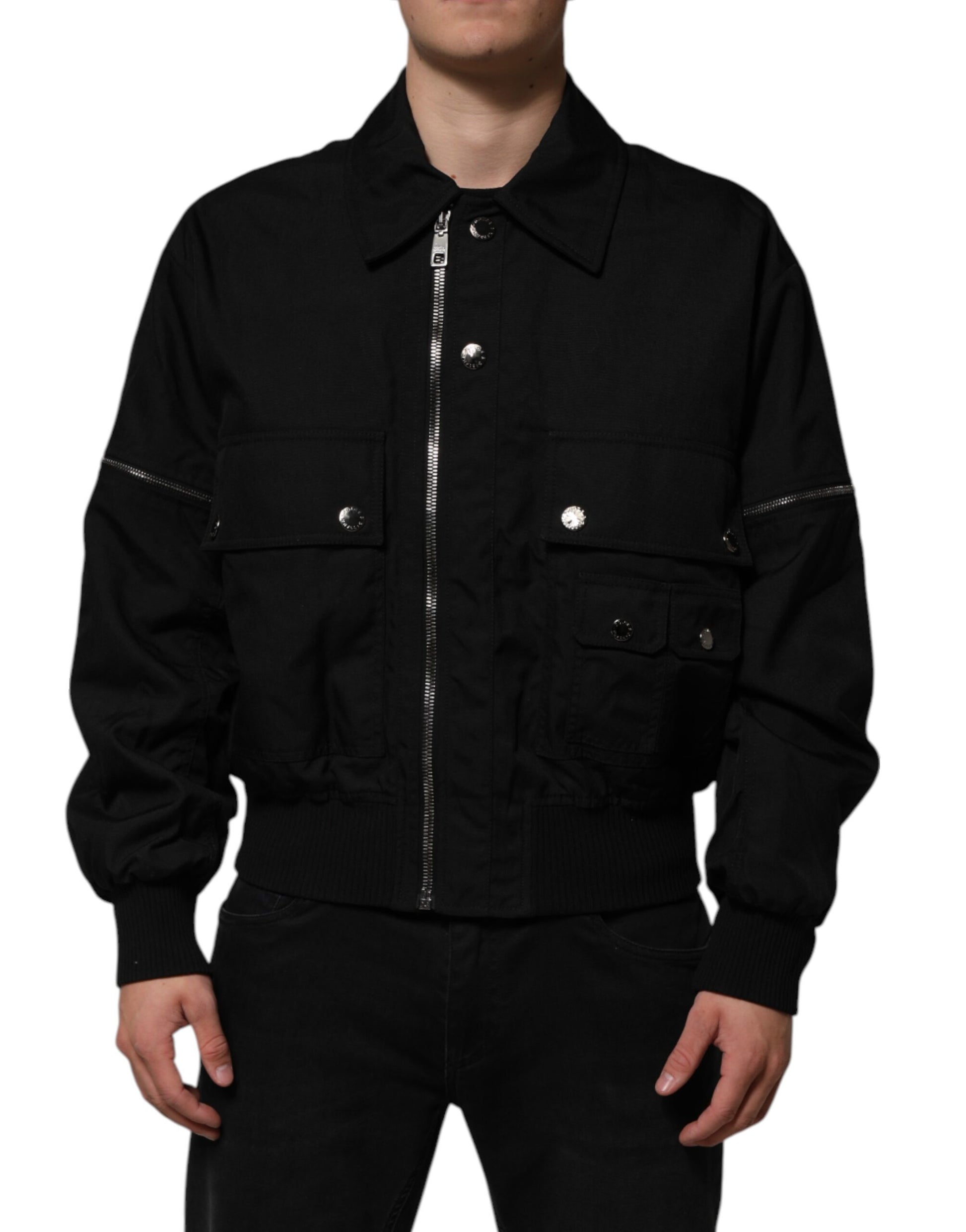 Dolce &amp; Gabbana Blouson aviateur noir à poches plaquées et fermeture éclair intégrale