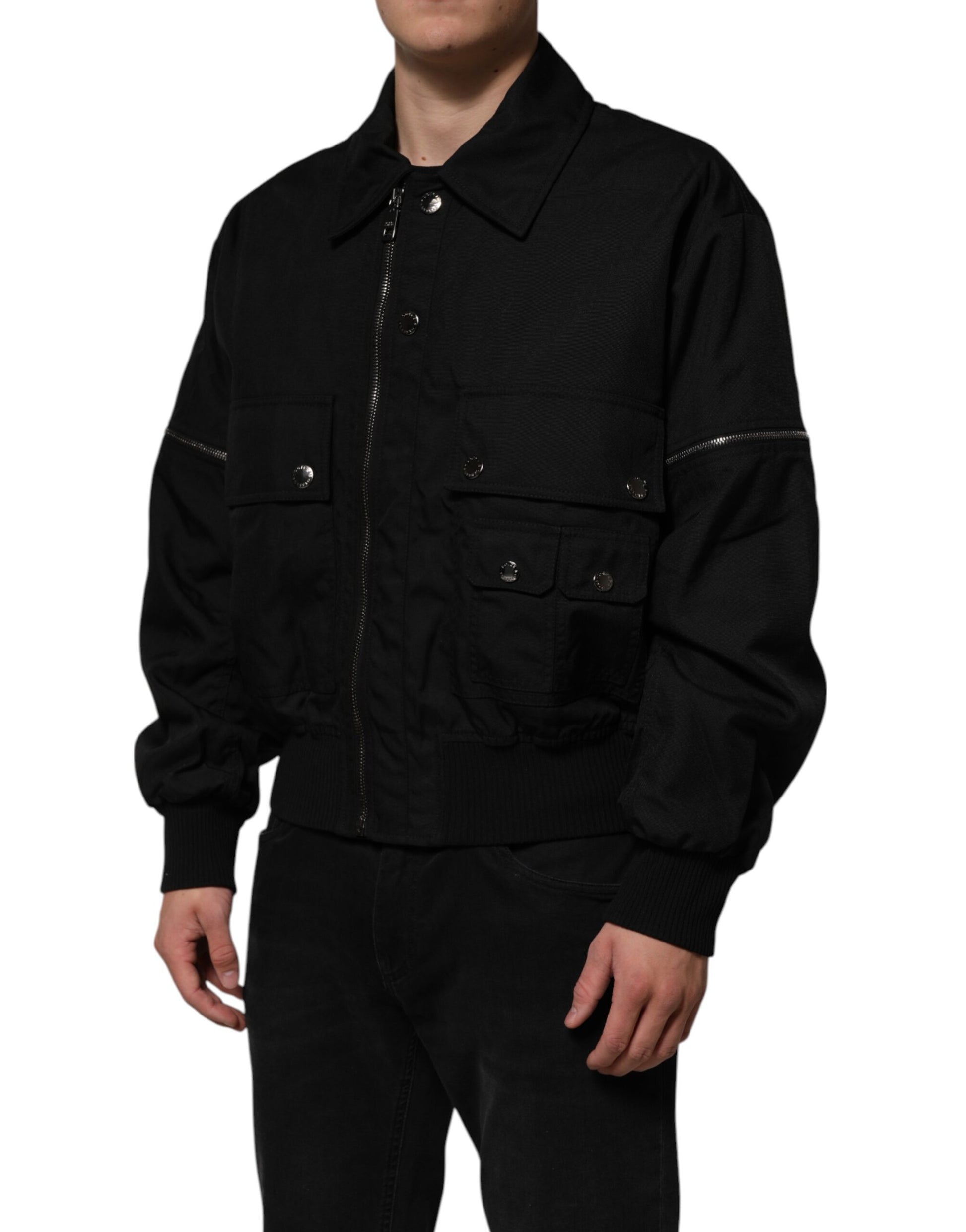 Dolce &amp; Gabbana Blouson aviateur noir à poches plaquées et fermeture éclair intégrale