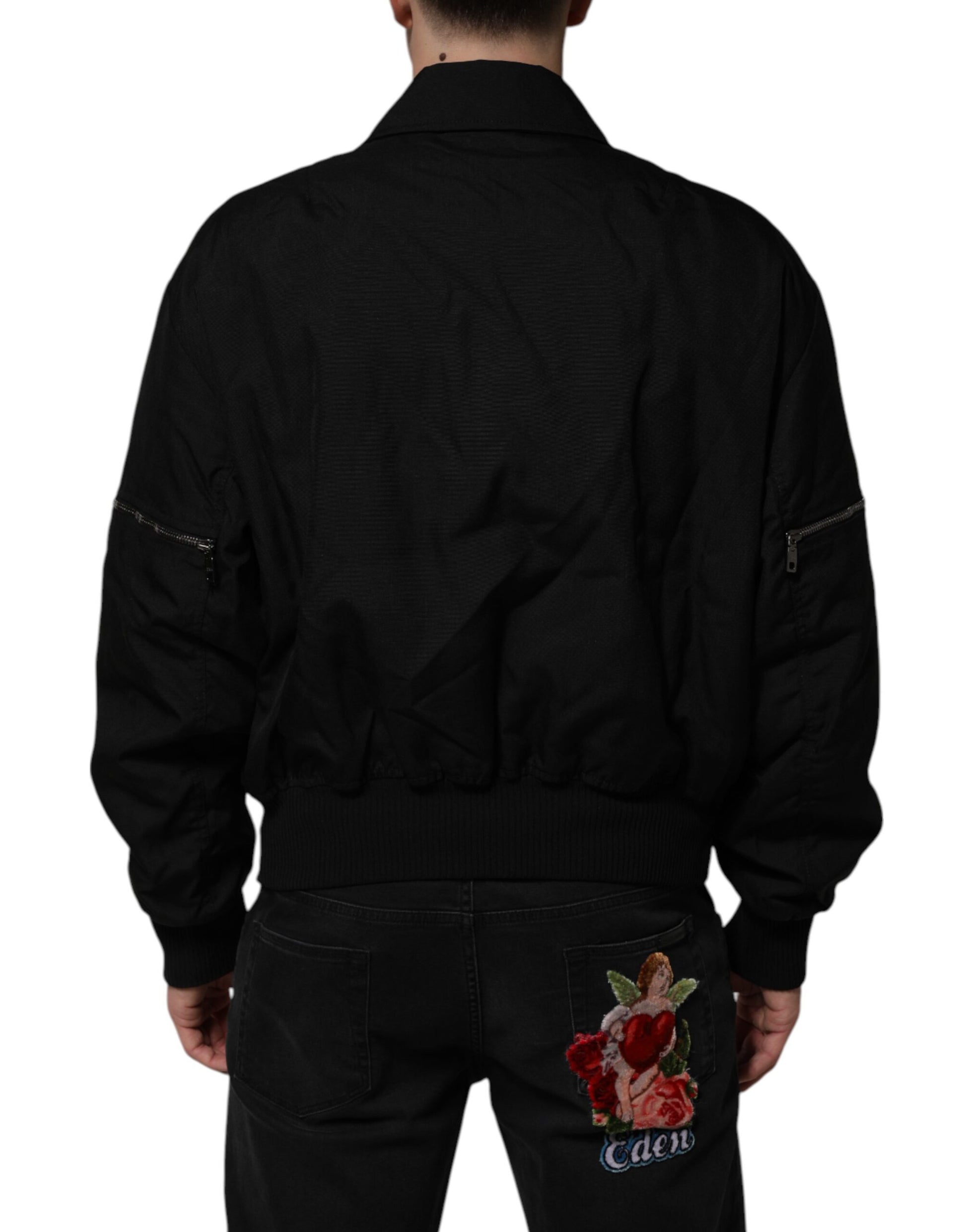 Dolce &amp; Gabbana Blouson aviateur noir à poches plaquées et fermeture éclair intégrale