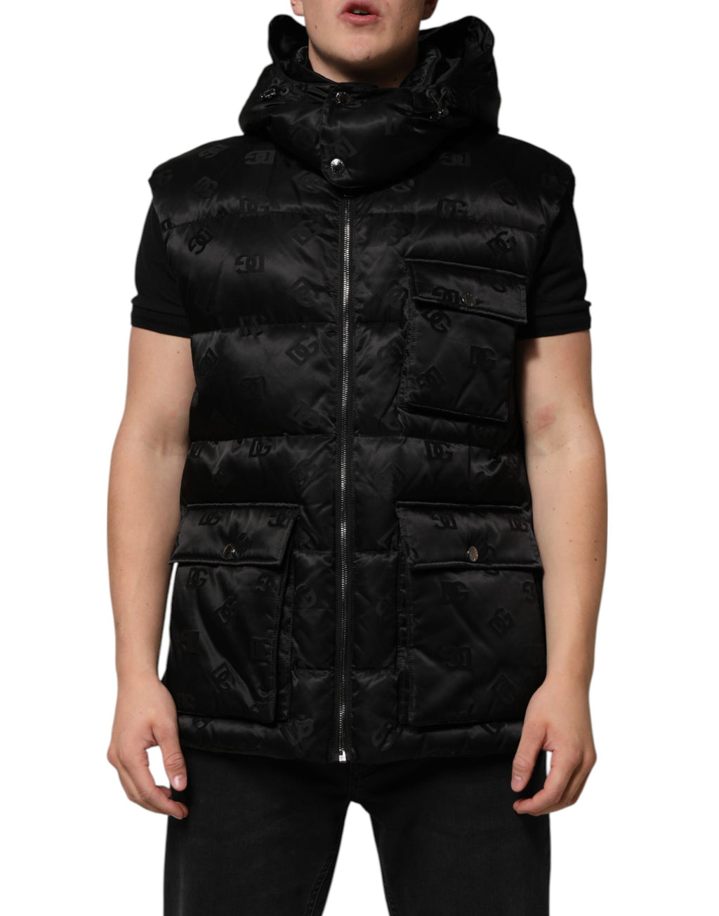 Dolce &amp; Gabbana Veste sans manches matelassée noire à capuche