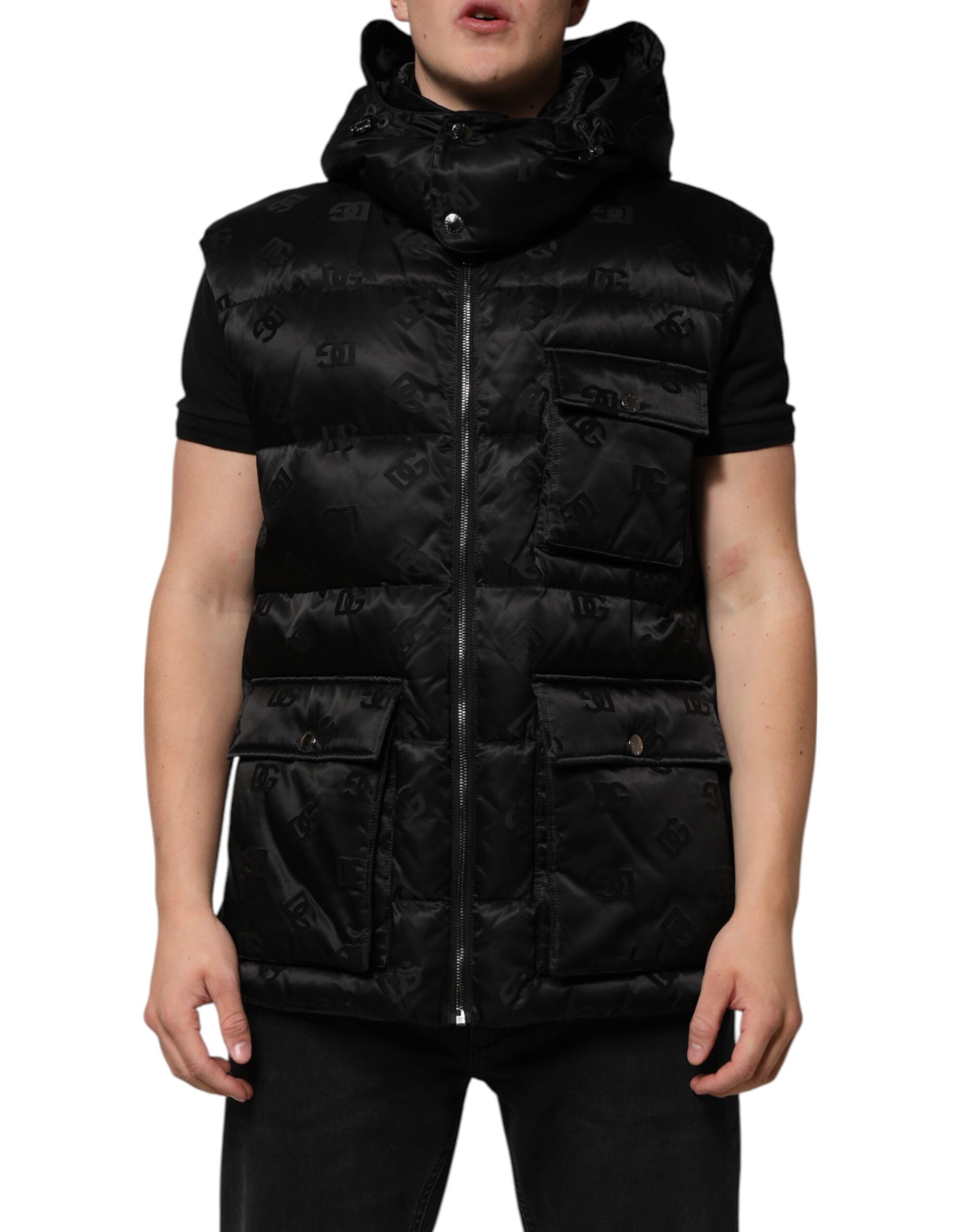 Dolce &amp; Gabbana Veste sans manches matelassée noire à capuche