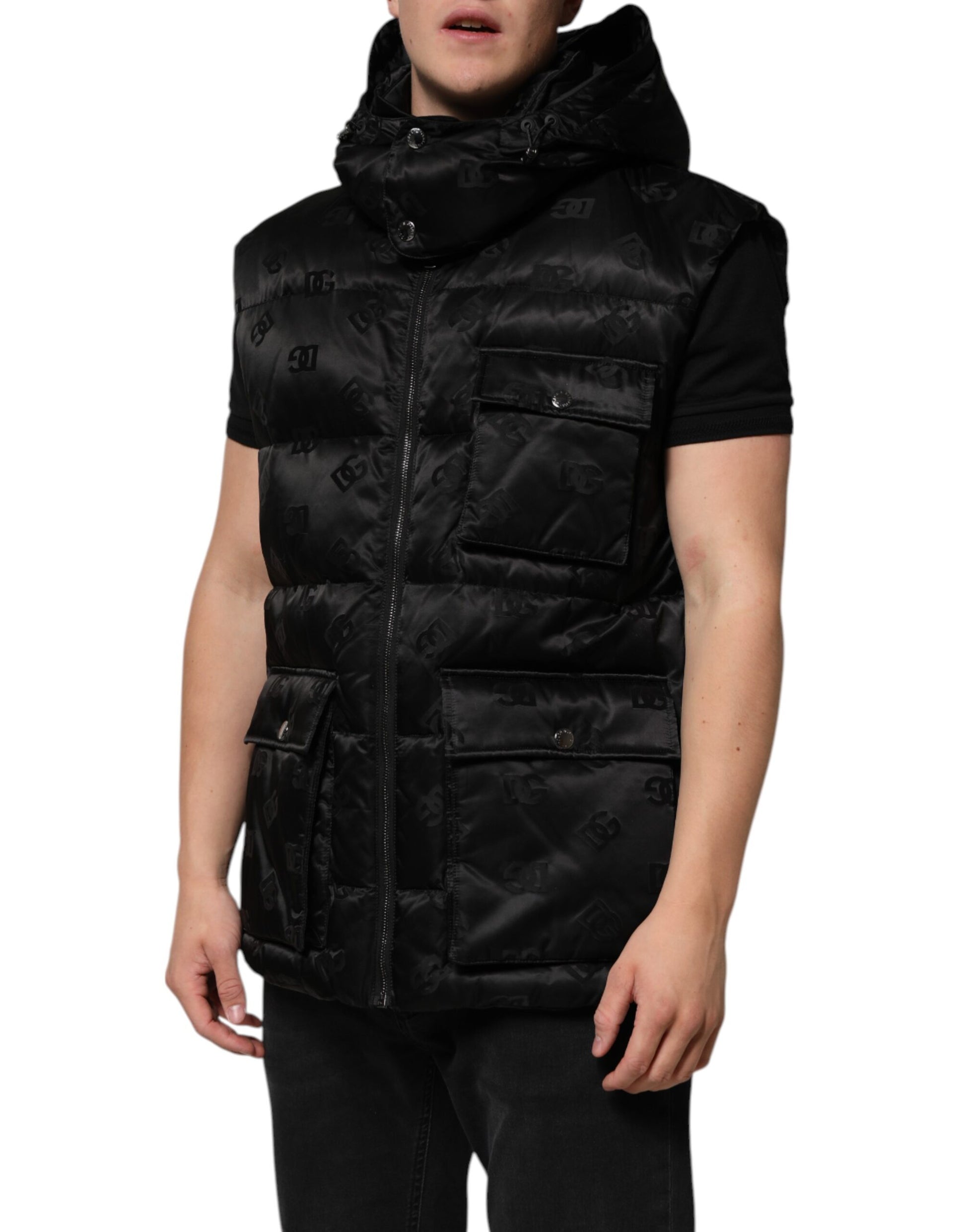 Dolce &amp; Gabbana Veste sans manches matelassée noire à capuche